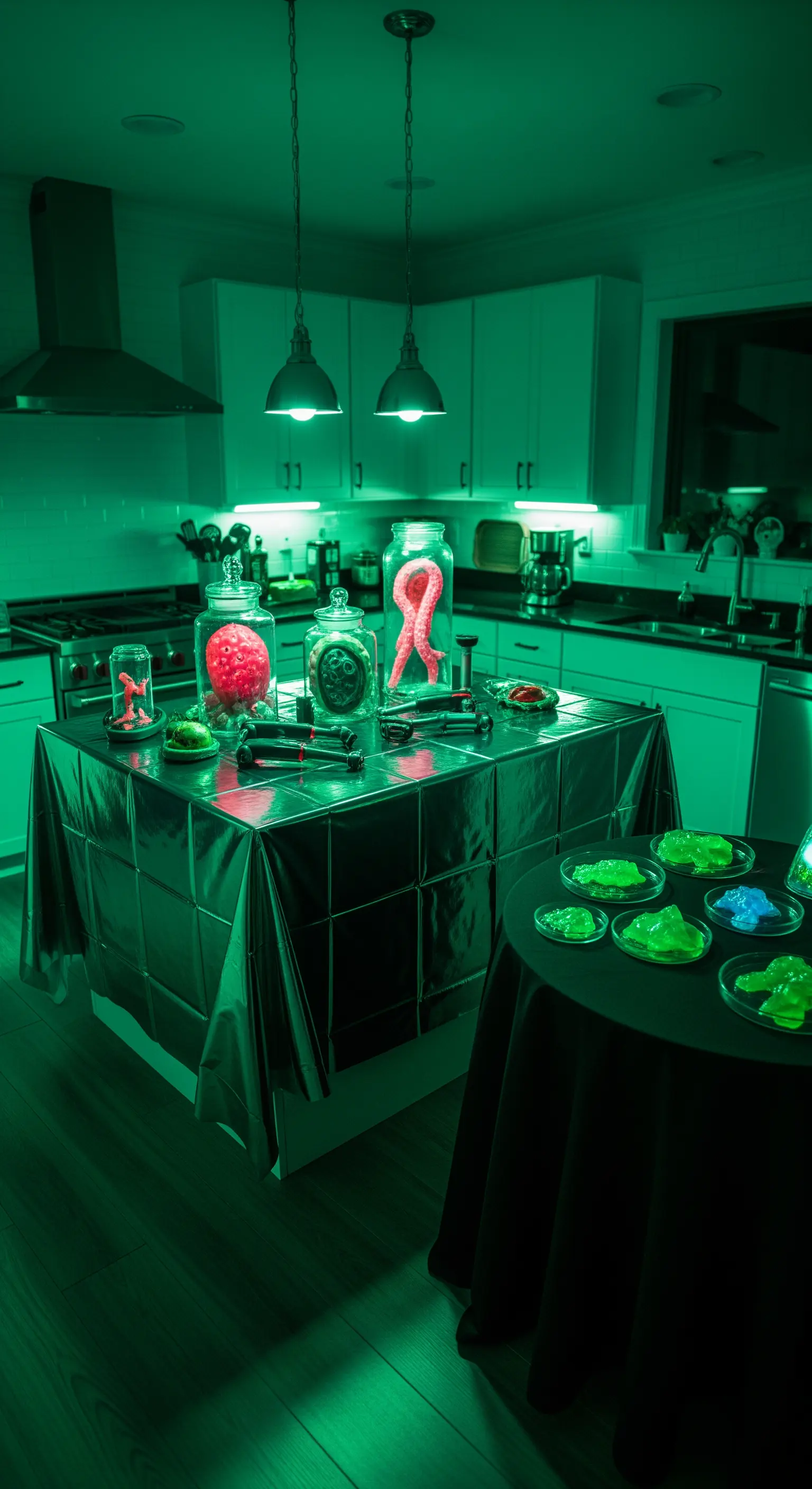 Cucina illuminata di verde, allestita come un laboratorio alieno con barattoli contenenti campioni.