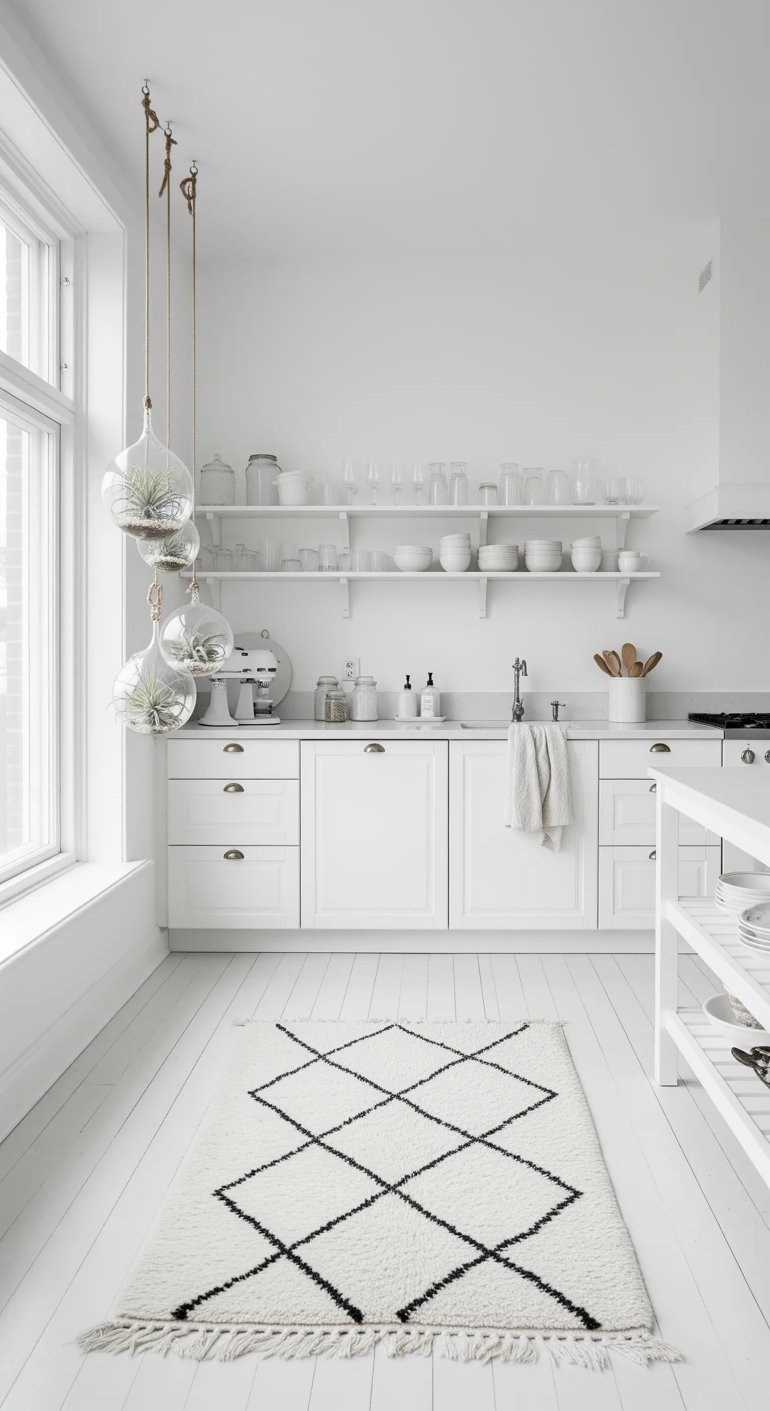 Cucina total white con pavimento bianco, tappeto berbero e piante aeree in terrari di vetro sospesi.