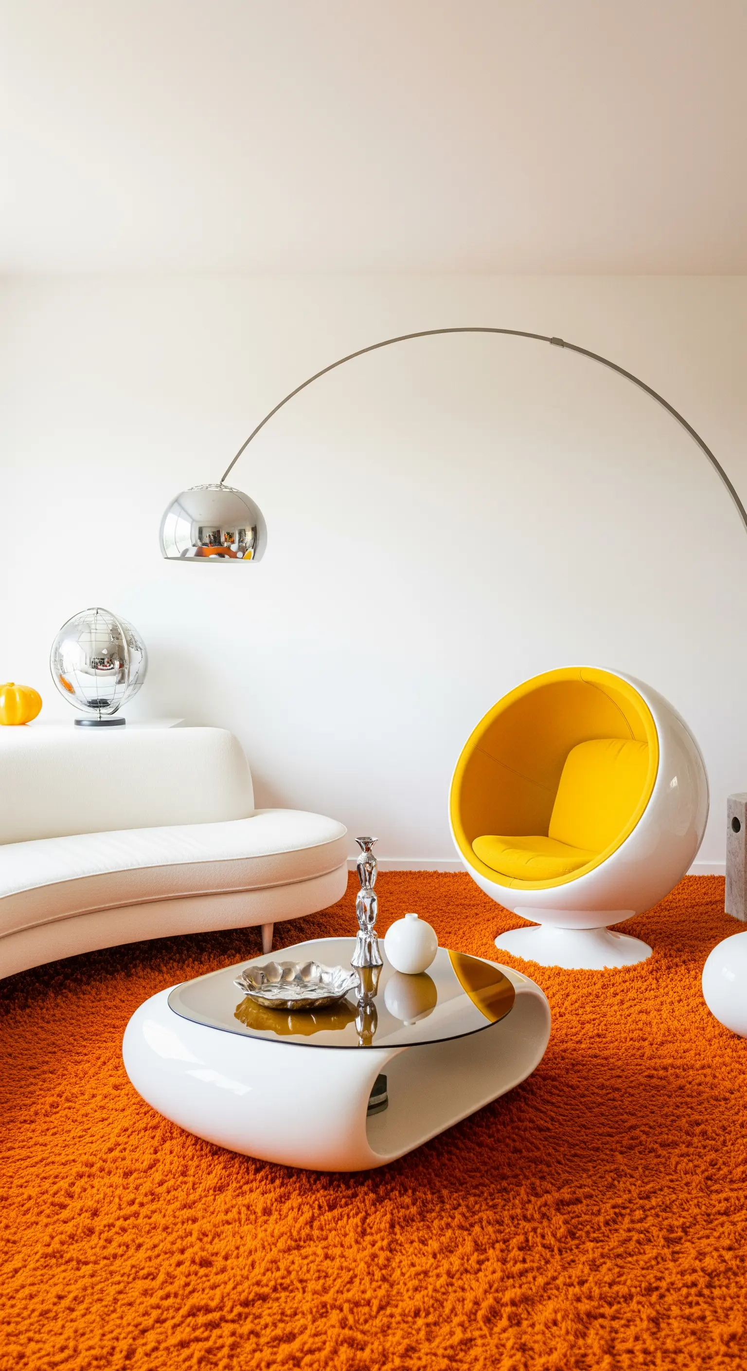 Salotto Space Age con tappeto arancione, divano bianco curvo e una Ball Chair con interno giallo.