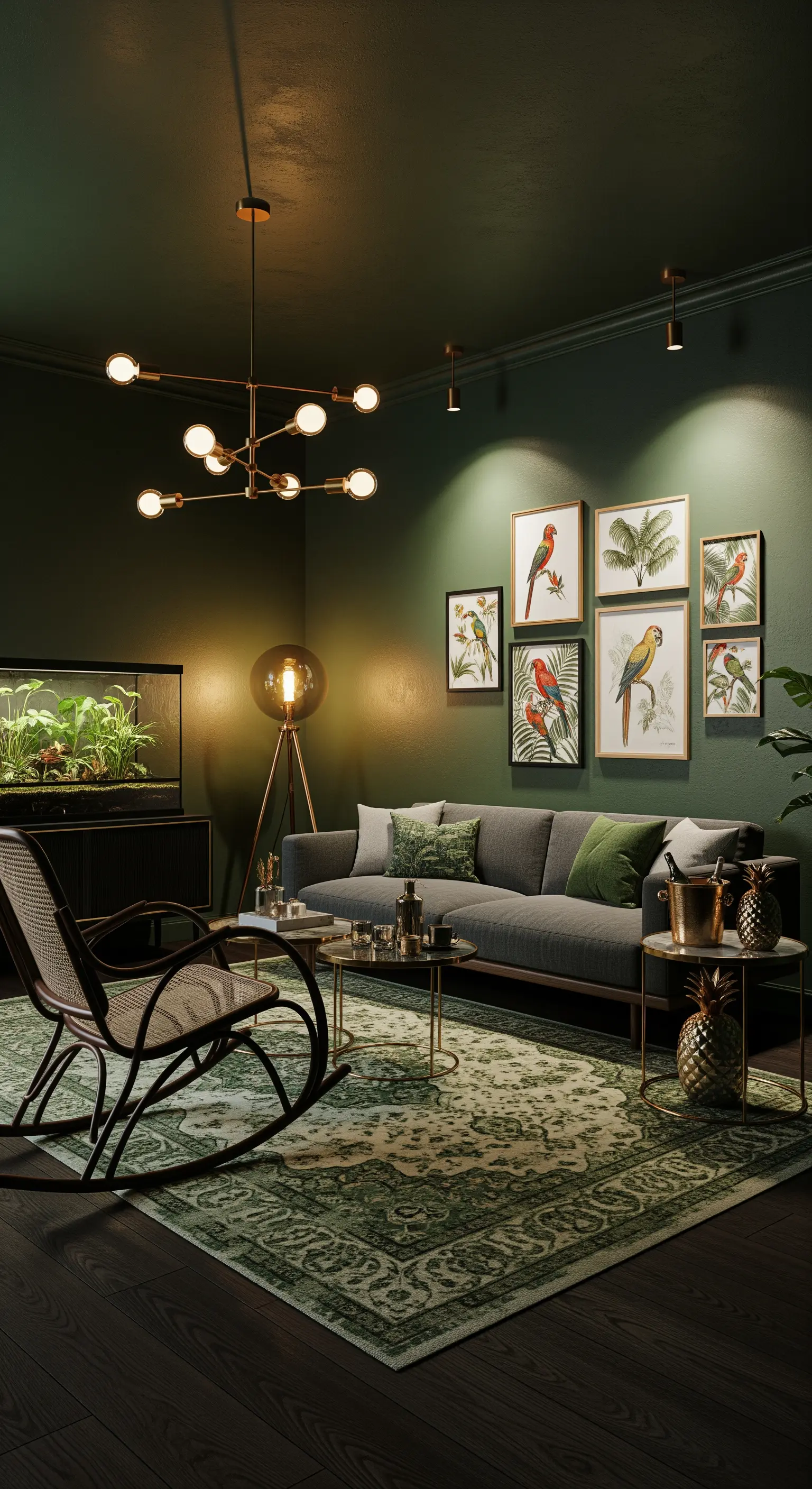 Salotto scuro e suggestivo con pareti verde foresta, illuminazione calda e stampe di pappagalli.
