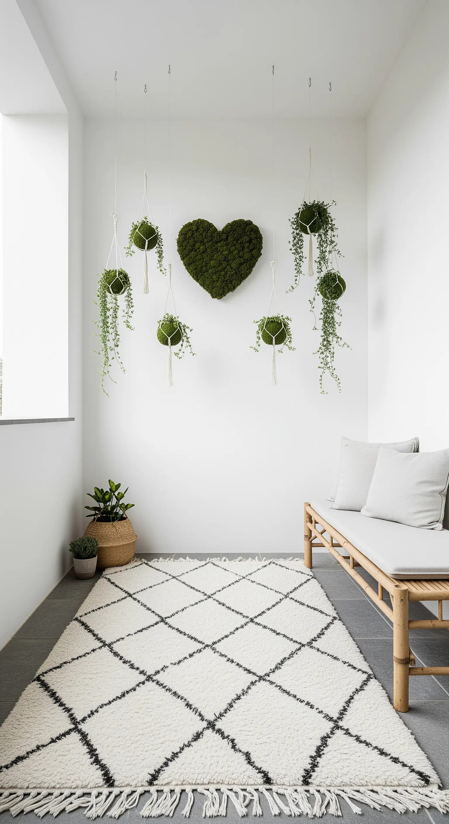 Balcone minimalista con kokedama sospesi, cuore di muschio e panca in bambù.