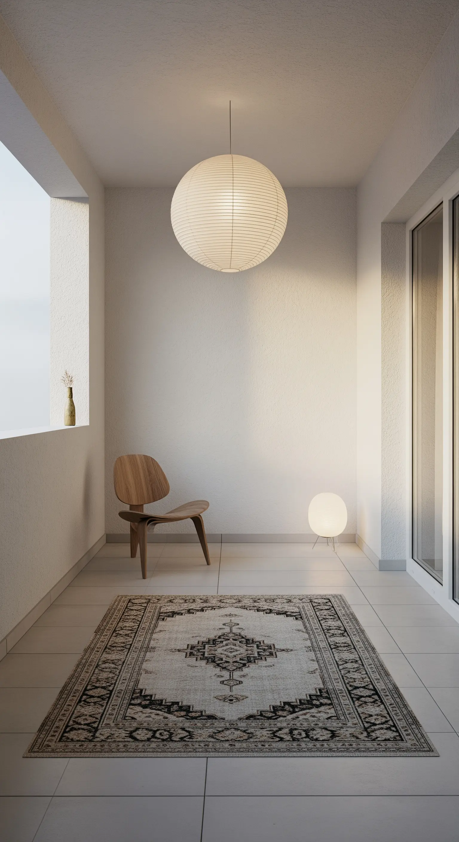 Balcone minimalista con tappeto kilim, sedia di design in legno e lampada di carta di riso.