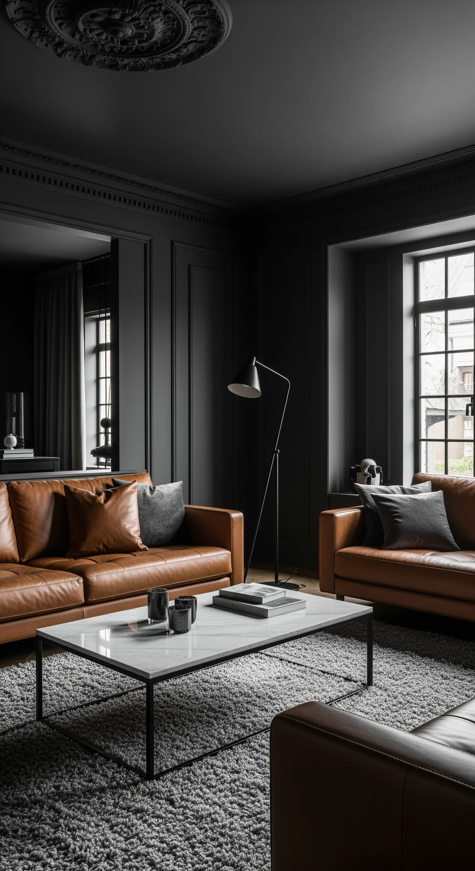 Salotto total black con divani in pelle cognac e un grande tappeto grigio a pelo lungo.