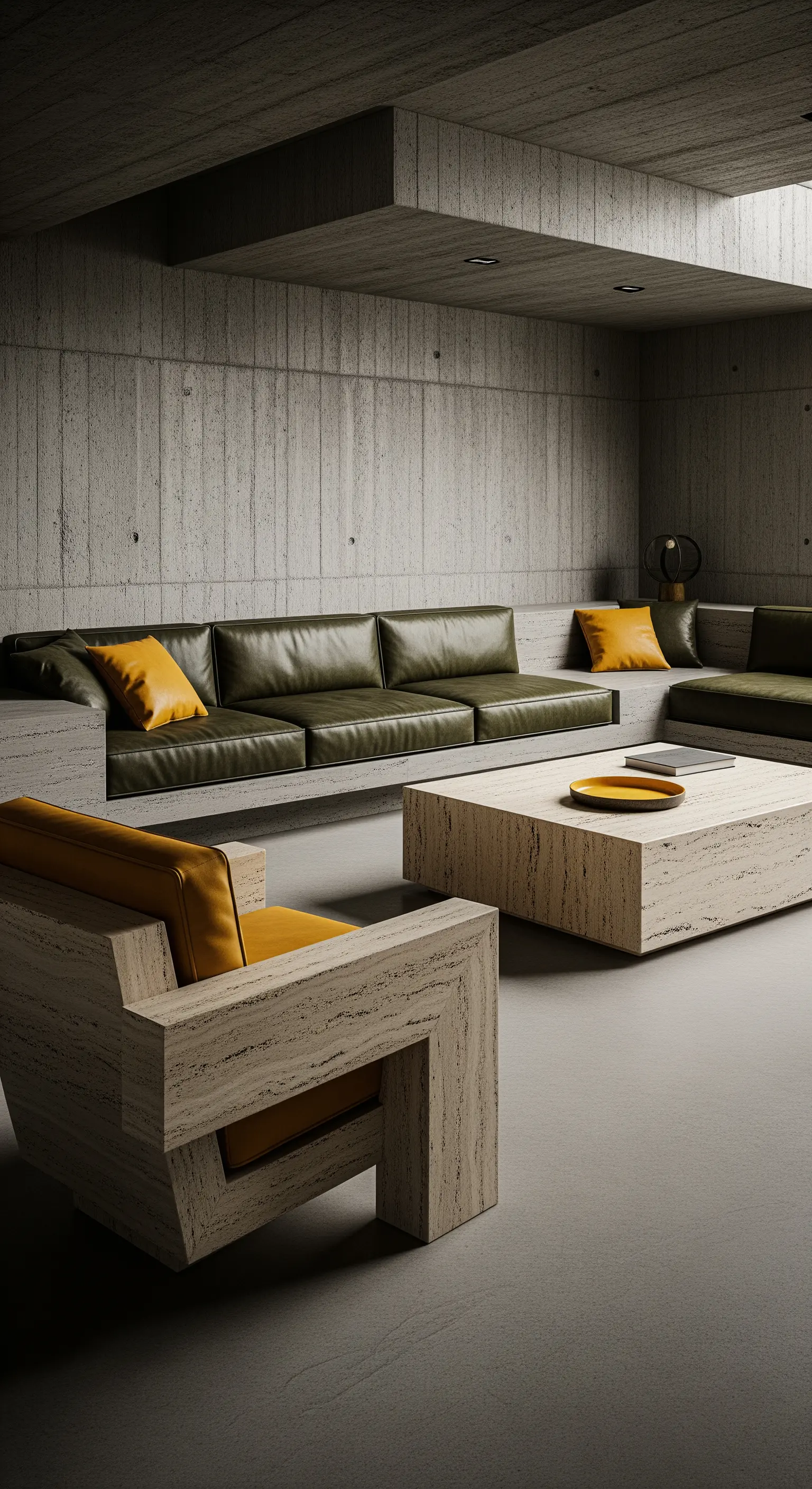 Salotto brutalista con pareti in cemento, divano in pelle e poltrona in travertino e pelle senape.