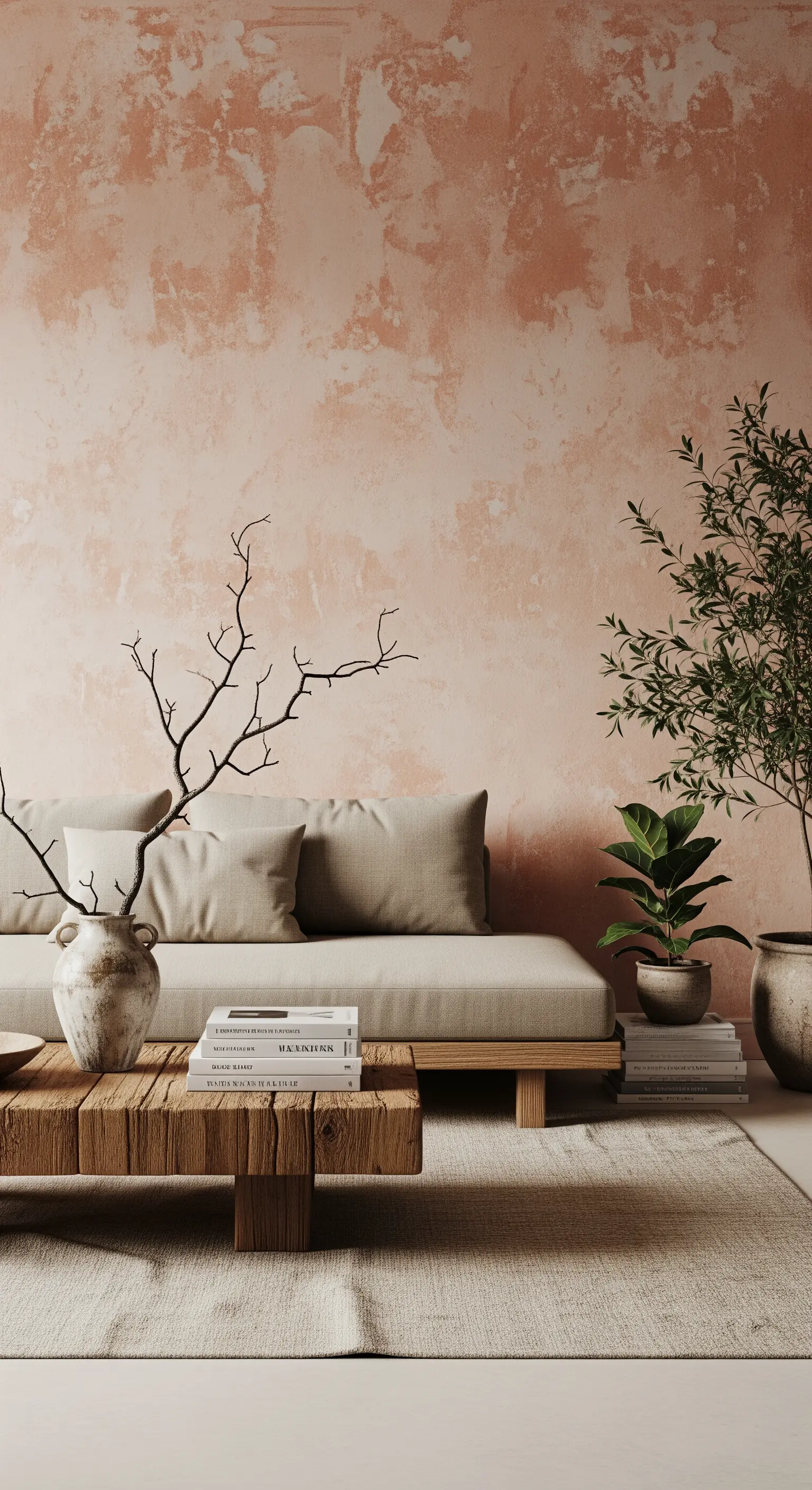Parete con finitura spatolata color terracotta chiaro e un divano basso minimalista