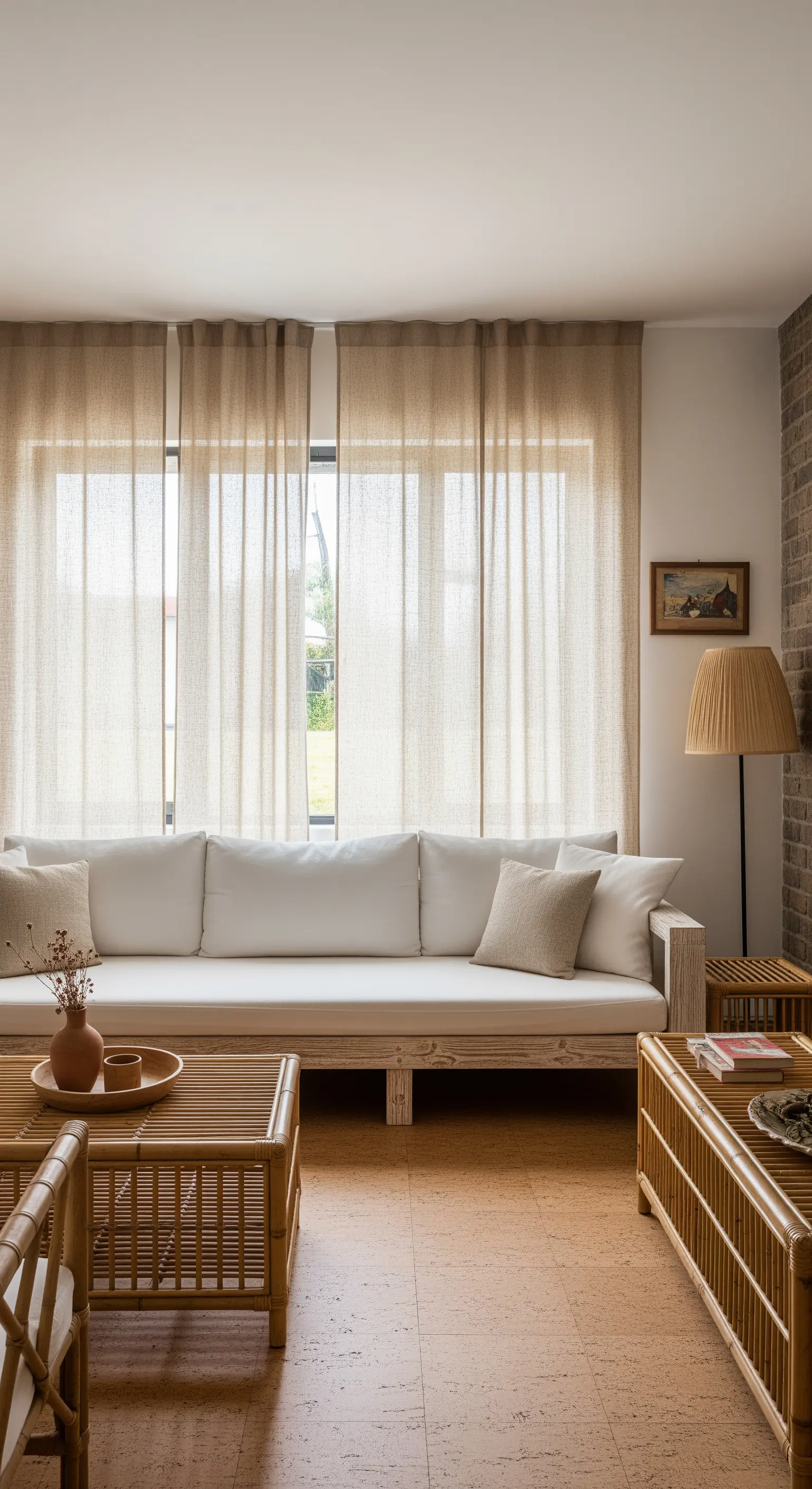 Salotto in stile Japandi con divano bianco, mobili in bambù e tende in lino grezzo.