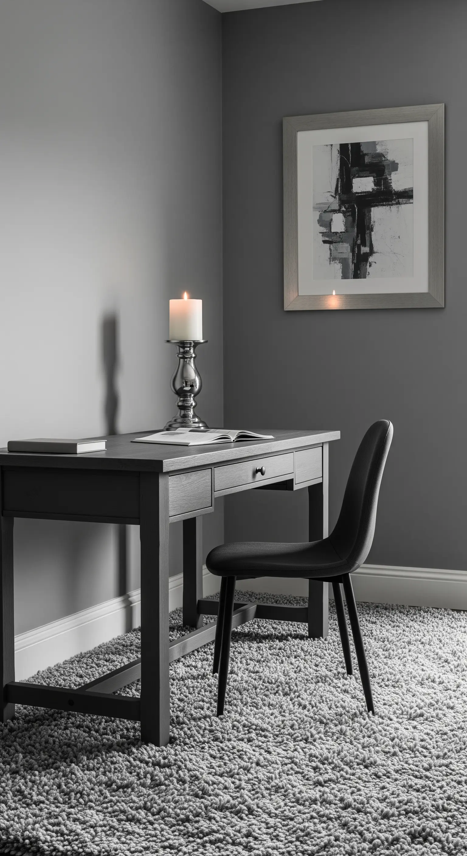 Studio monocromatico con scrivania, pareti e tappeto a pelo lungo in diverse tonalità di grigio.