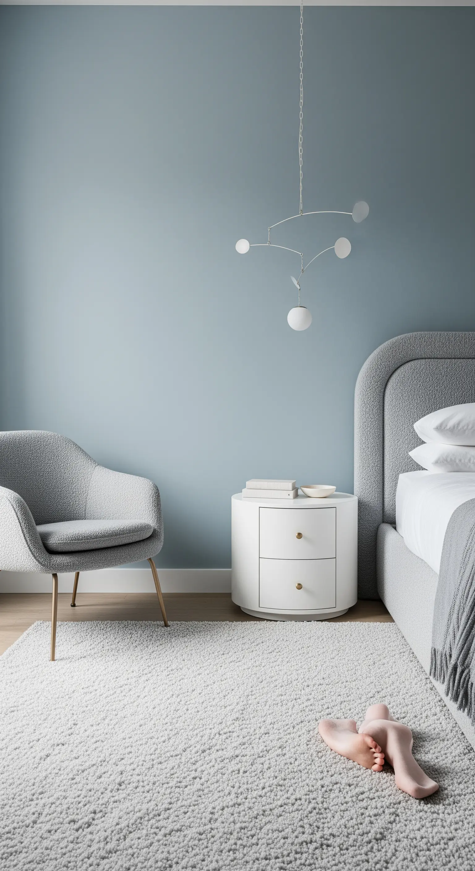 Angolo di una camera da letto con parete grigio-azzurro, poltrona in bouclé e comodino bianco.