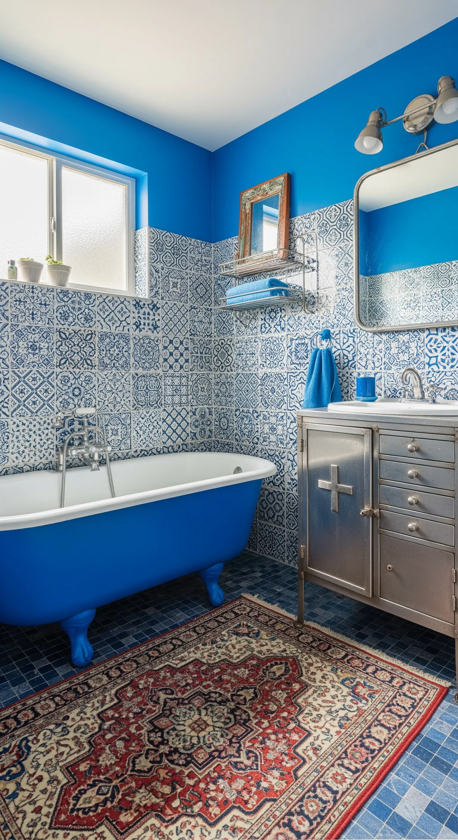 Bagno interamente blu con piastrelle a motivi, vasca blu e mobile in metallo.