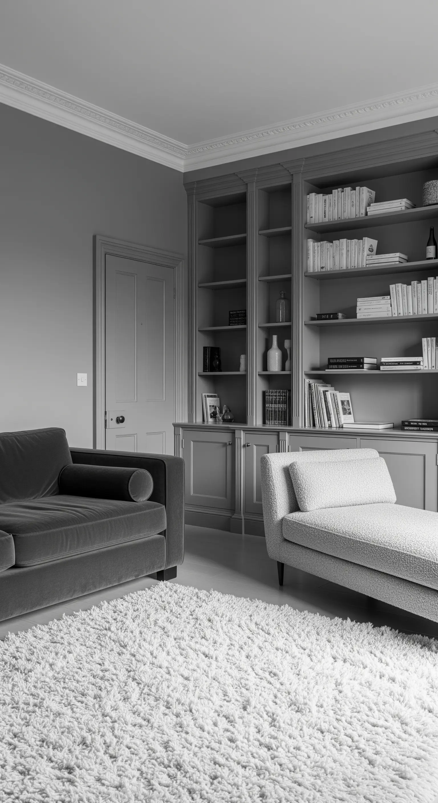 Salotto monocromatico grigio con libreria integrata, divano in velluto e tappeto shaggy.