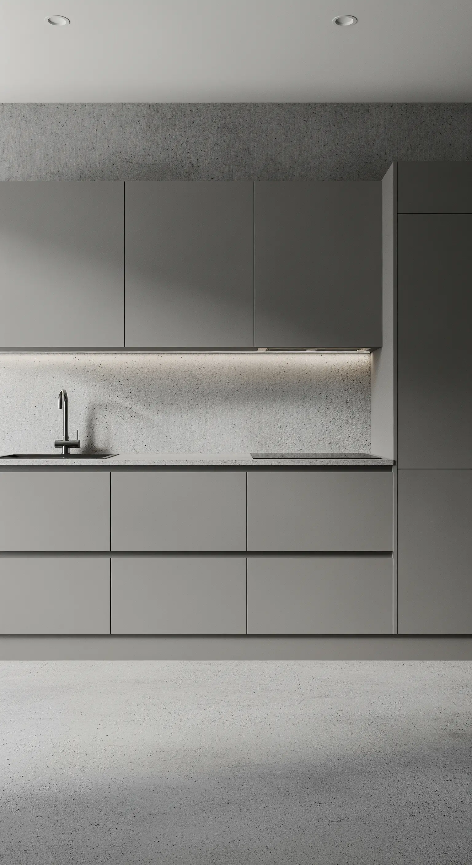 Cucina minimalista interamente nei toni del grigio, con finiture opache e pareti in cemento.