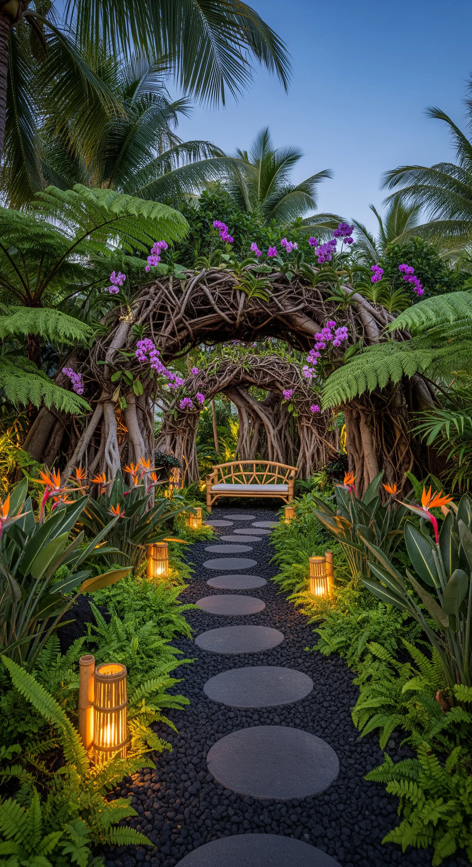 Sentiero in un giardino tropicale con un arco di radici intrecciate, orchidee e lanterne di bambù a terra