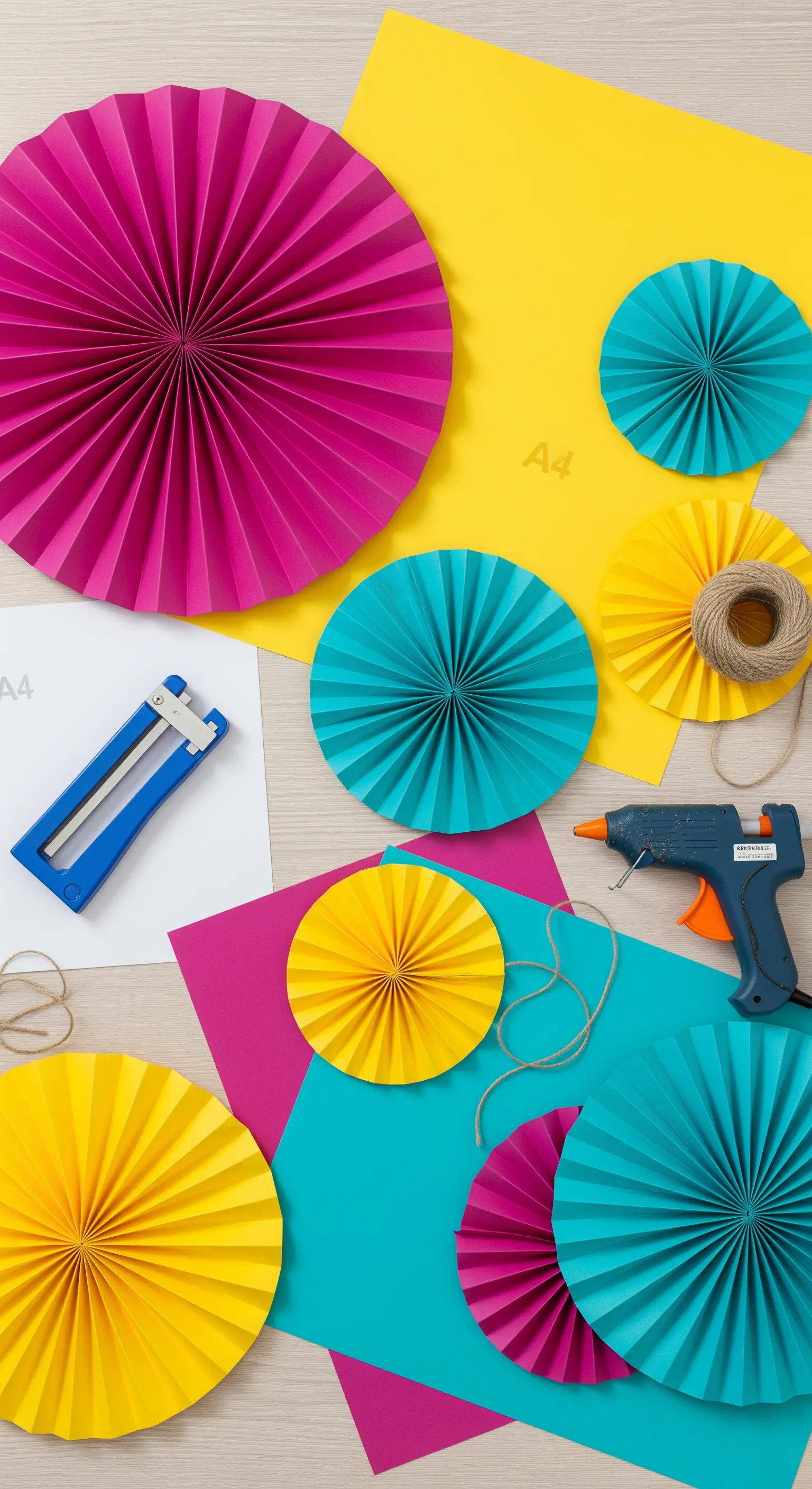 Materiali per creare festoni a ventaglio: carta colorata, pistola per colla a caldo e spago.