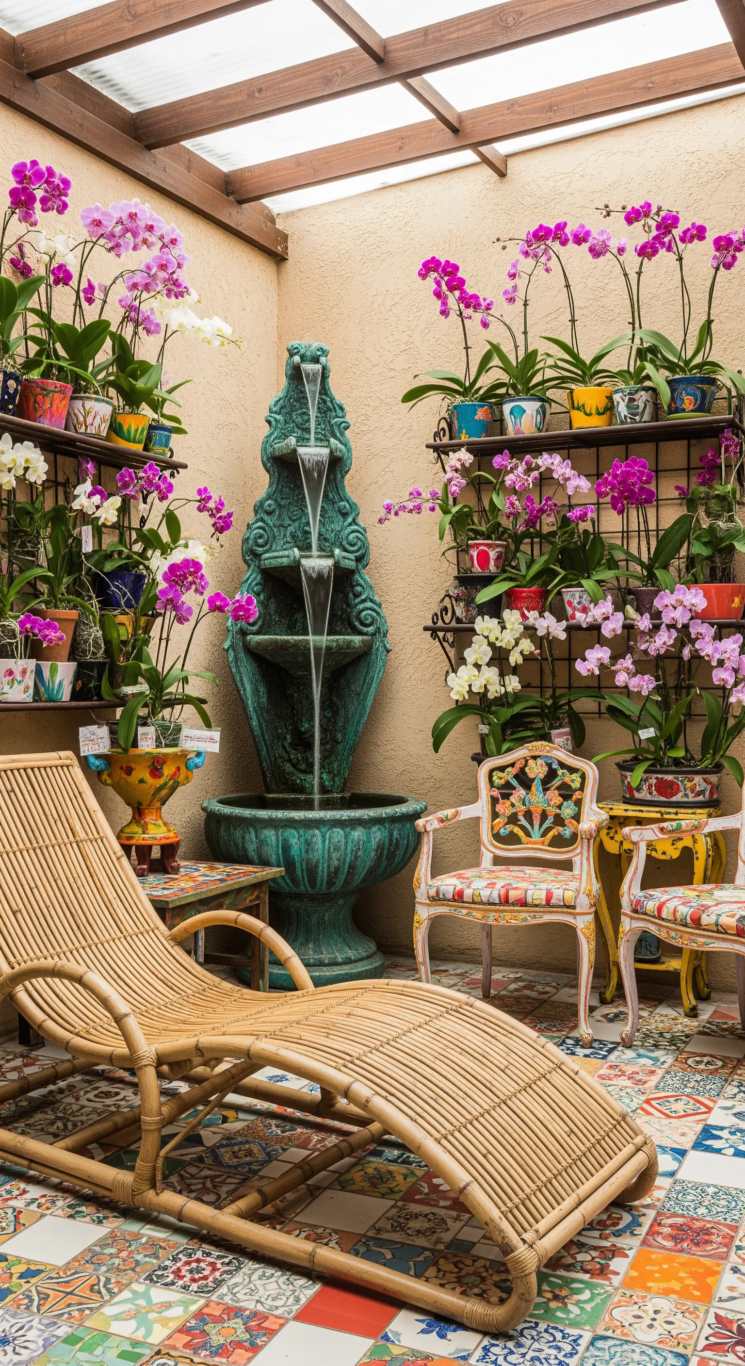 Patio con piastrelle colorate, lettino in rattan e vasi di orchidee.