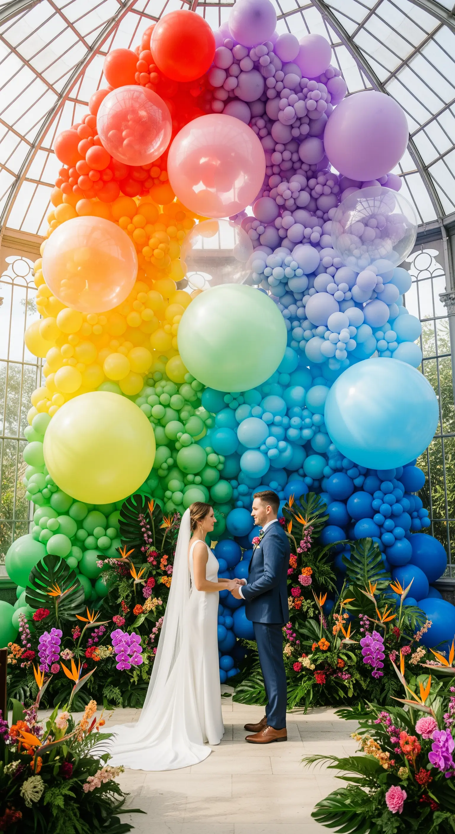 Coppia di sposi davanti a un'imponente parete di palloncini arcobaleno in una serra.