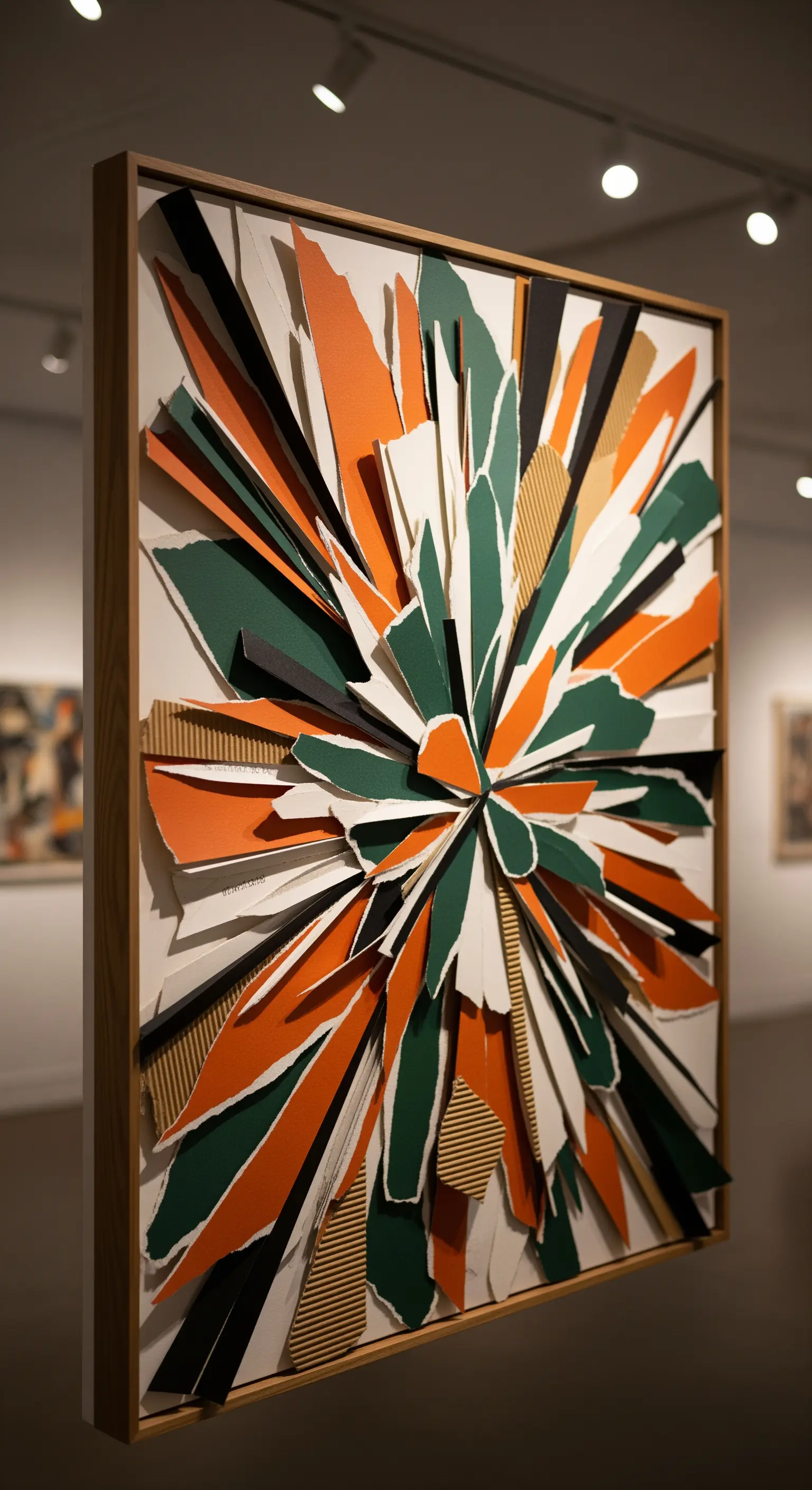 Collage astratto tridimensionale con strisce di carta arancione e verde che esplodono dal centro.