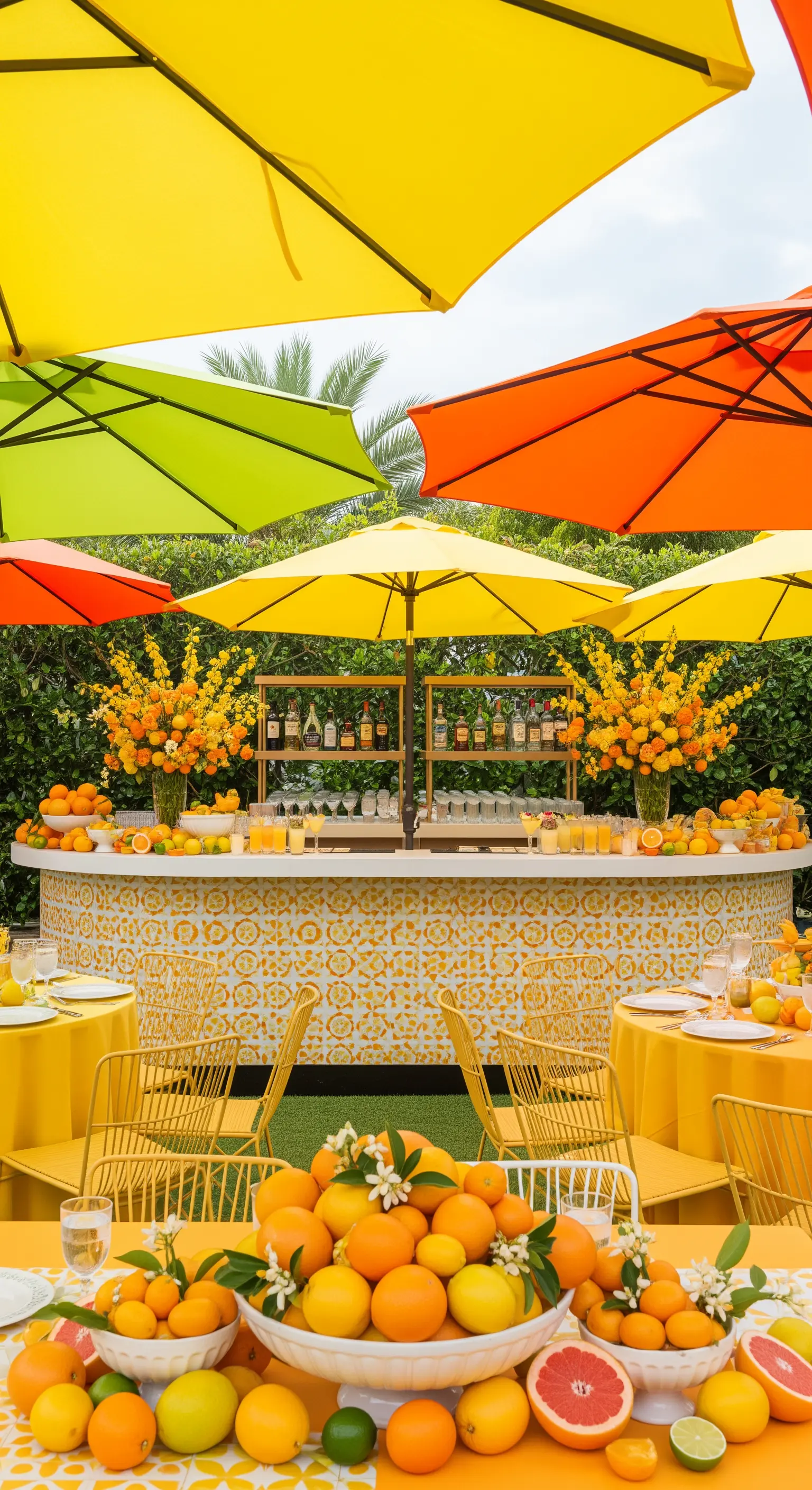 Party a tema agrumi con bar decorato a maioliche, ombrelloni gialli e arancioni