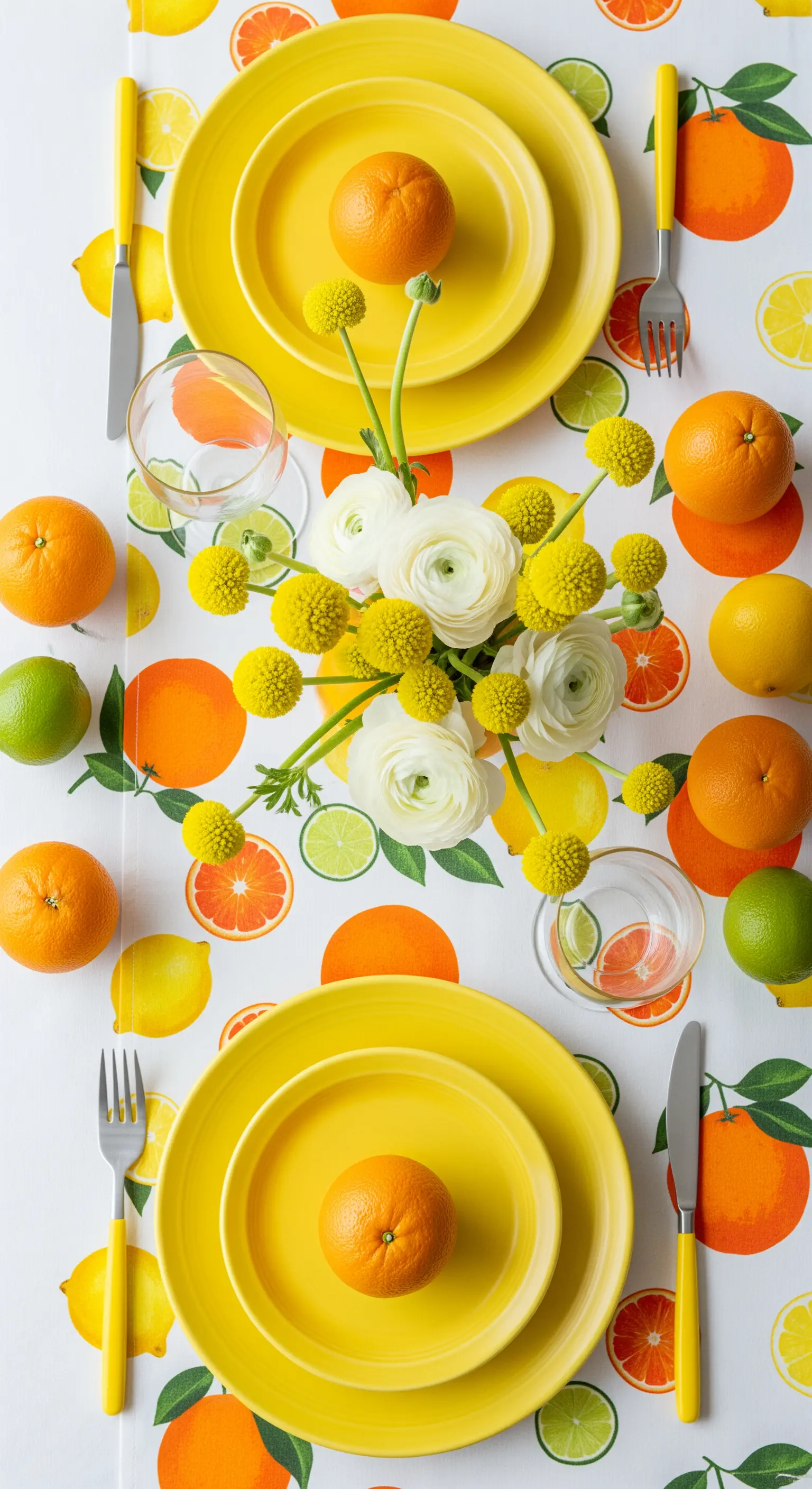 Tavola con tovaglia a stampa di agrumi, piatti gialli e decorazioni con arance e fiori bianchi.