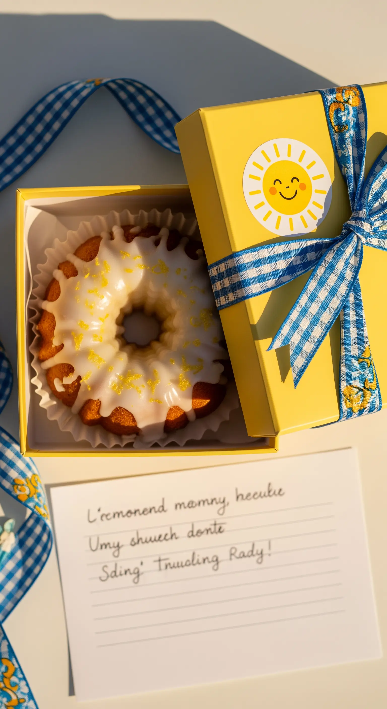 Ciambella glassata in una scatola gialla con nastro a quadretti blu e adesivo a forma di sole.
