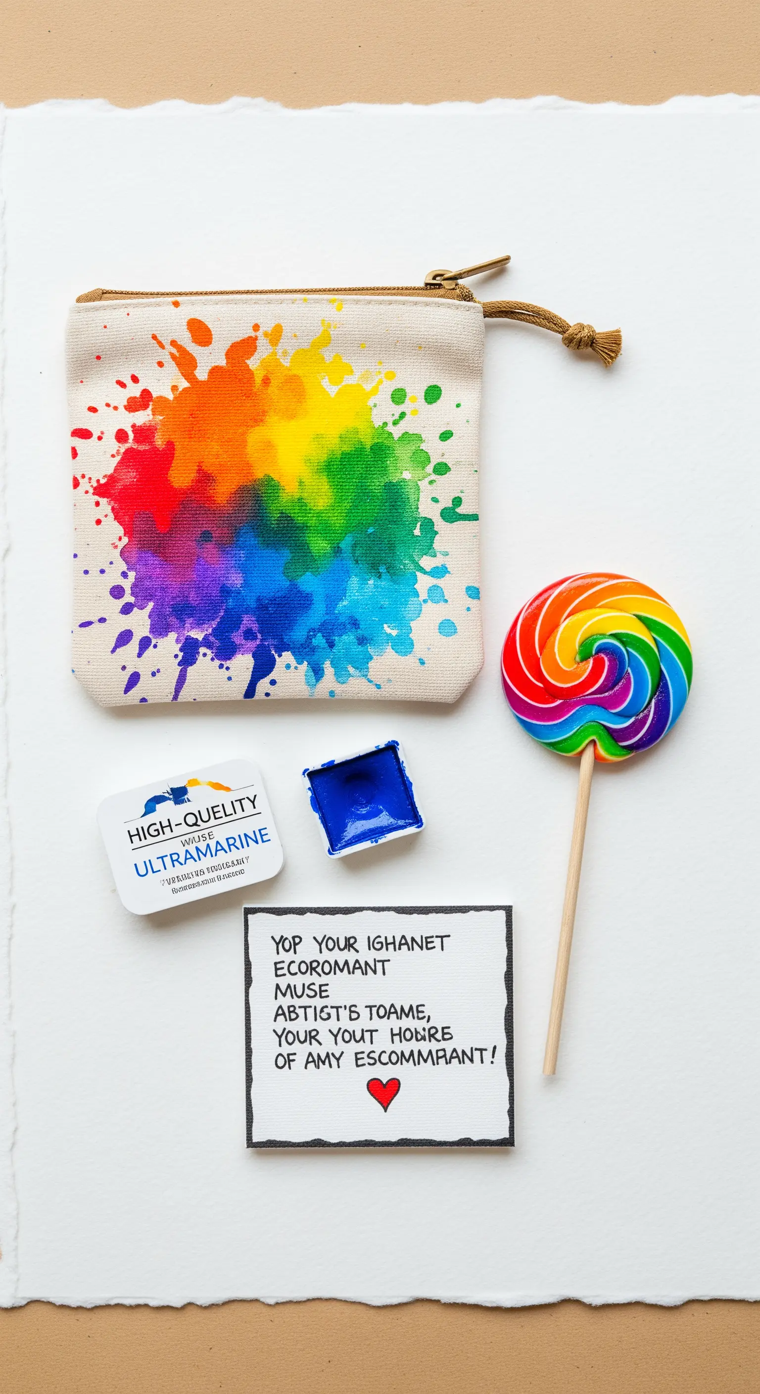 Pochette in tela con macchia di colore arcobaleno, lecca-lecca e un acquerello blu.