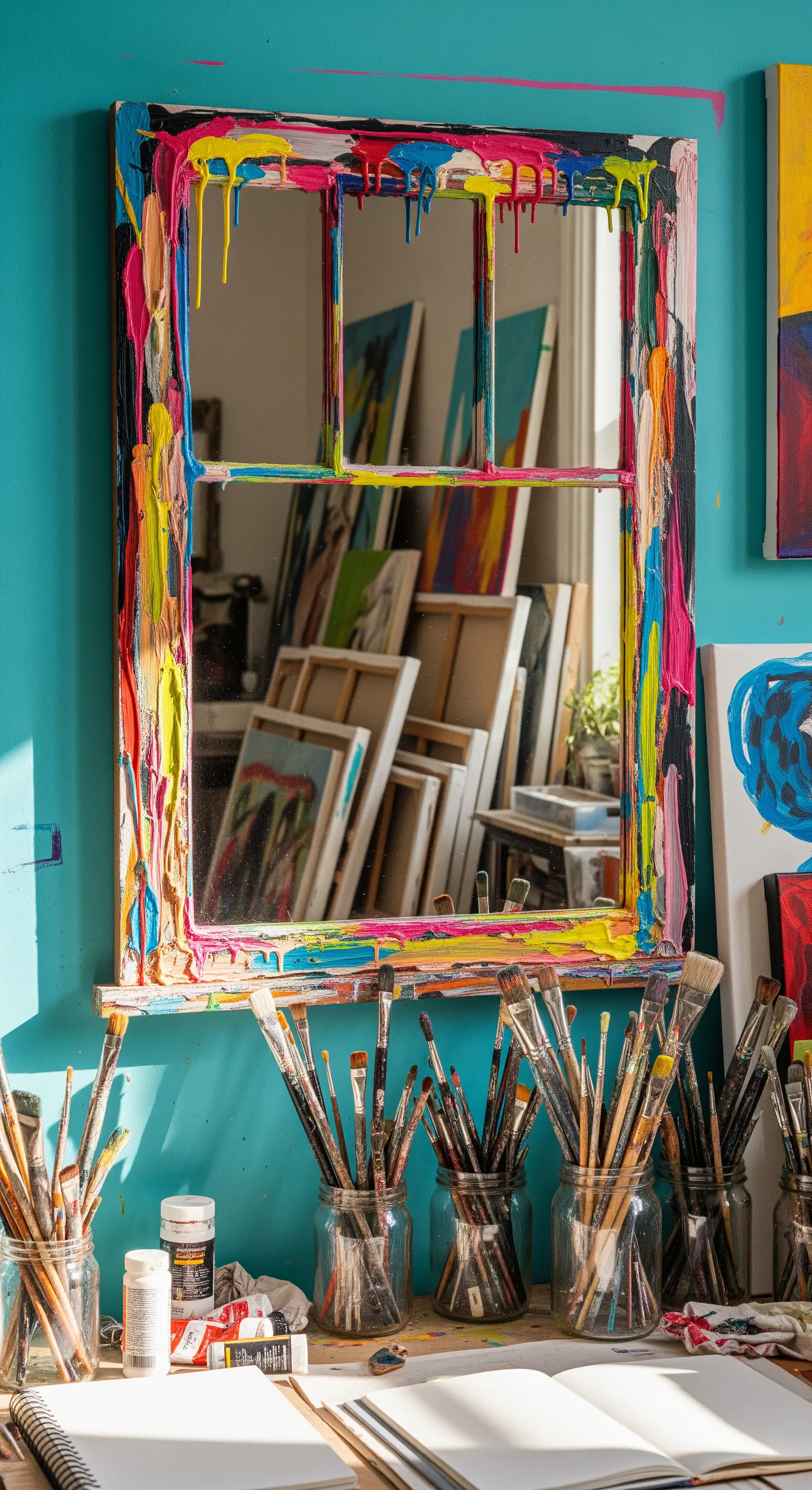 Specchio-finestra con cornice in legno su cui colano gocce di vernice multicolore.