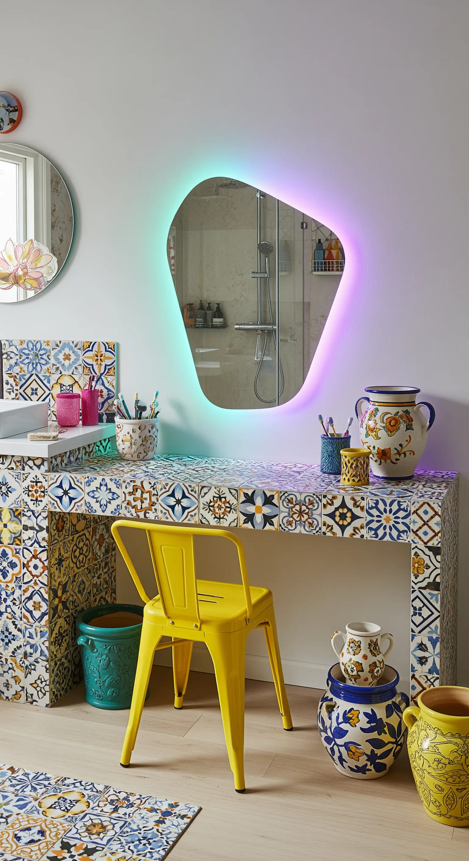 Scrivania beauty rivestita di piastrelle decorate e sedia gialla in metallo.