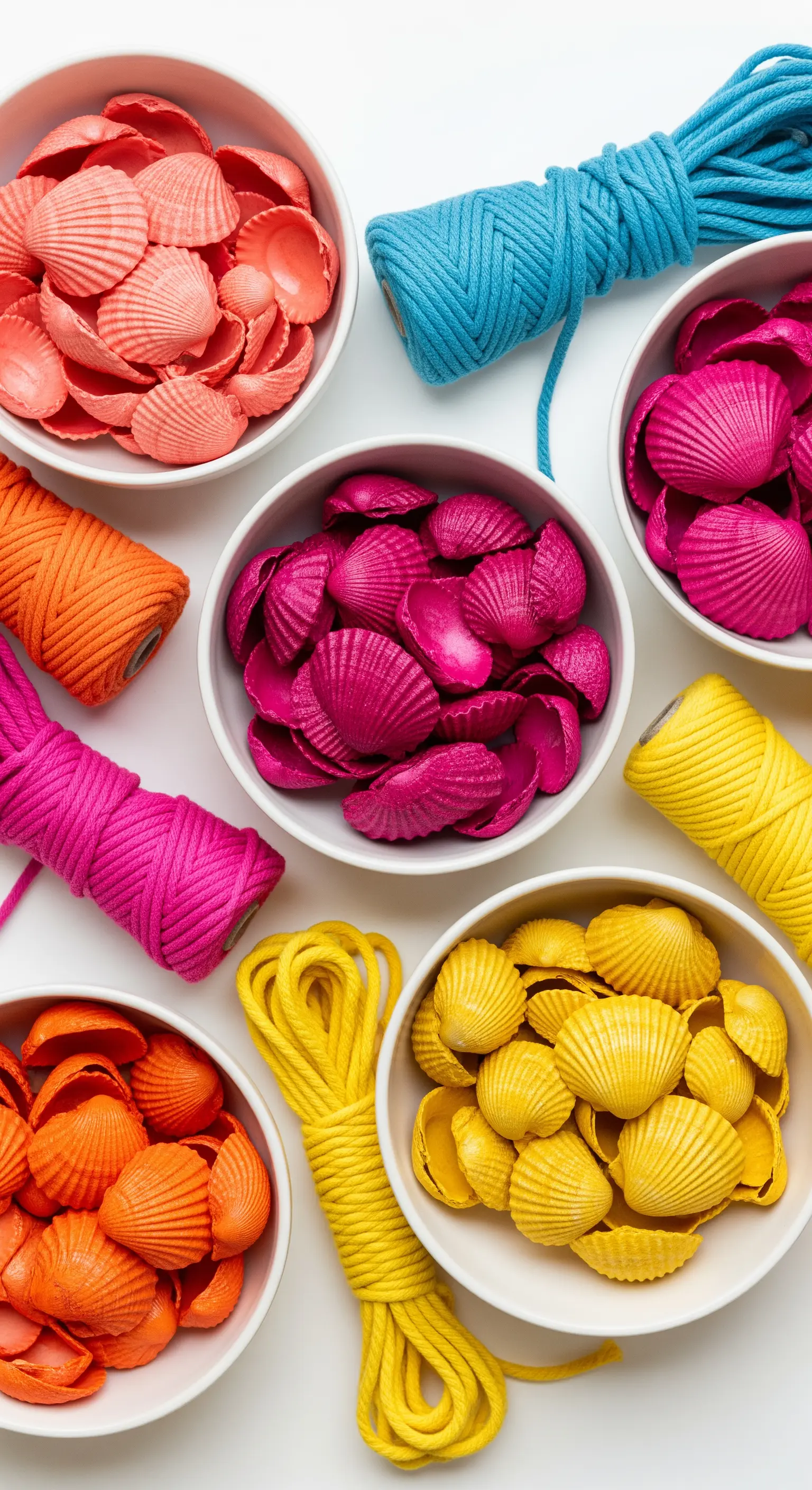 Ciotole di conchiglie dipinte con colori vivaci (fucsia, arancione, giallo) e corde abbinate.