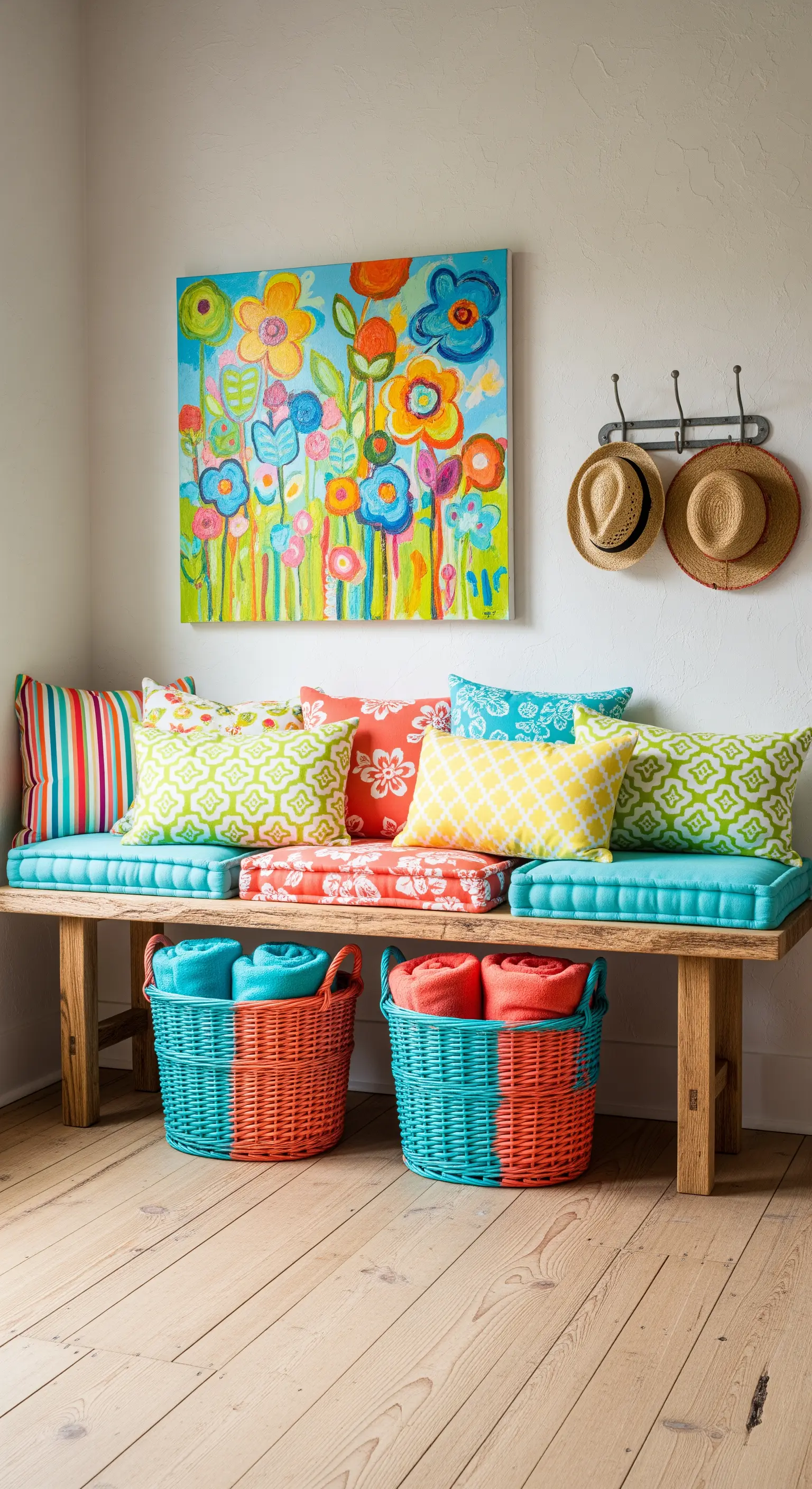 Panca in legno con cuscini e cesti dai colori vivaci in un ingresso allegro.