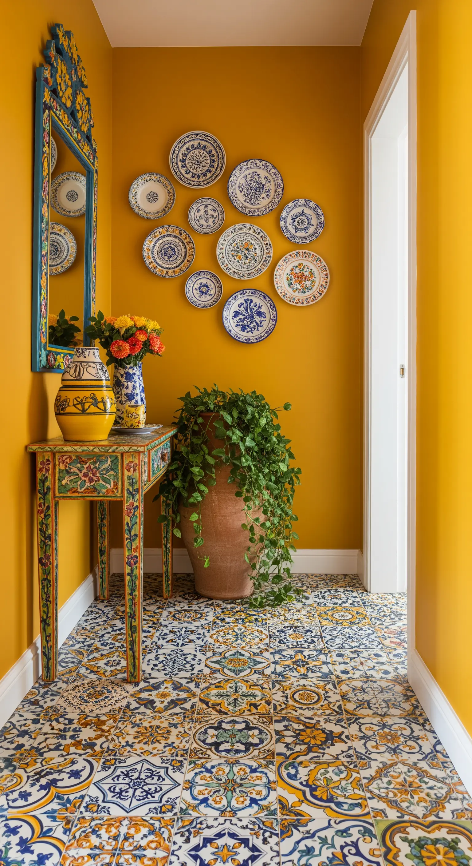 Ingresso con parete gialla, una collezione di piatti in ceramica e pavimento a maiolica.
