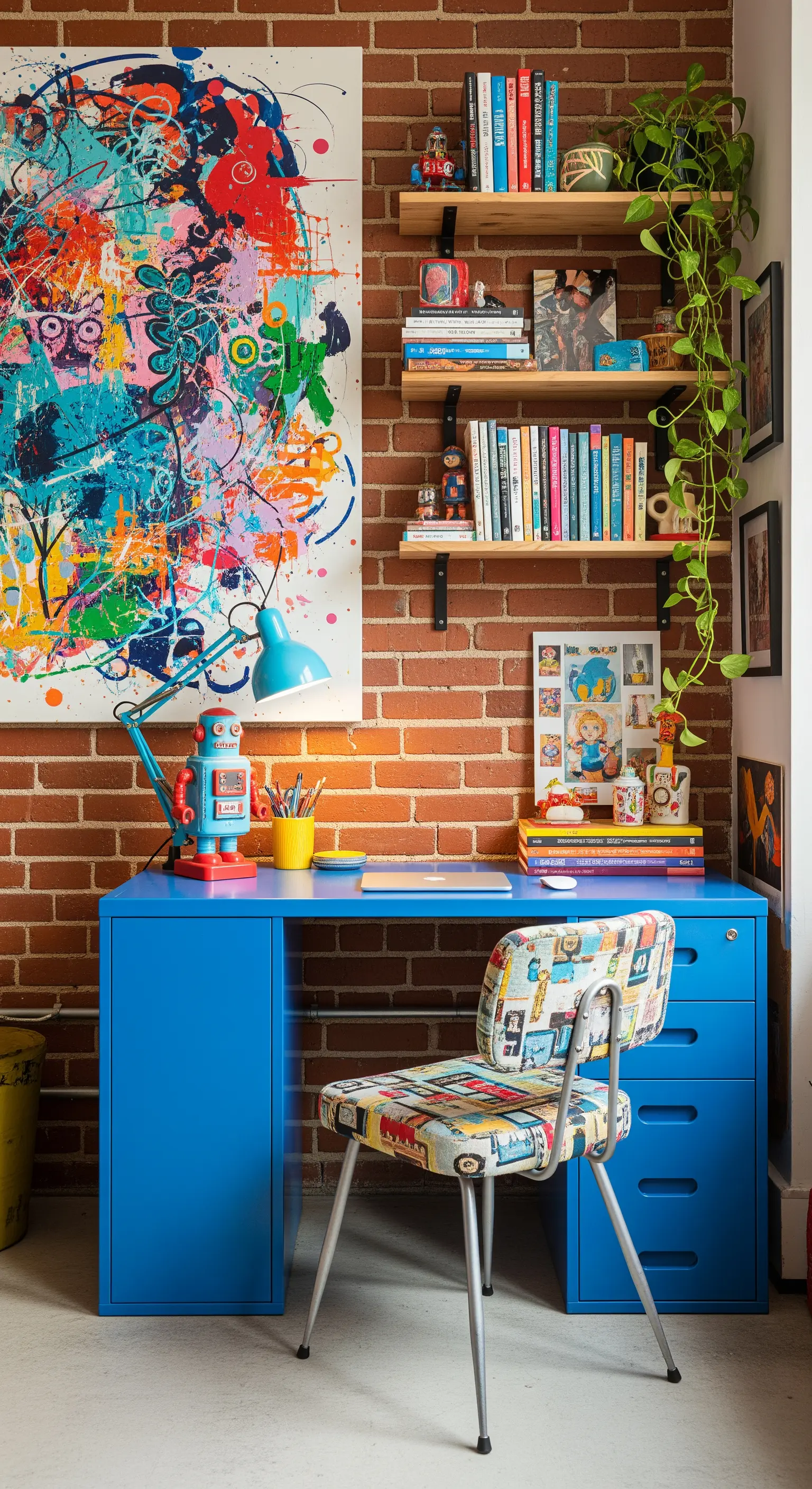 Scrivania blu brillante e quadro astratto colorato contro una parete di mattoni rossi.