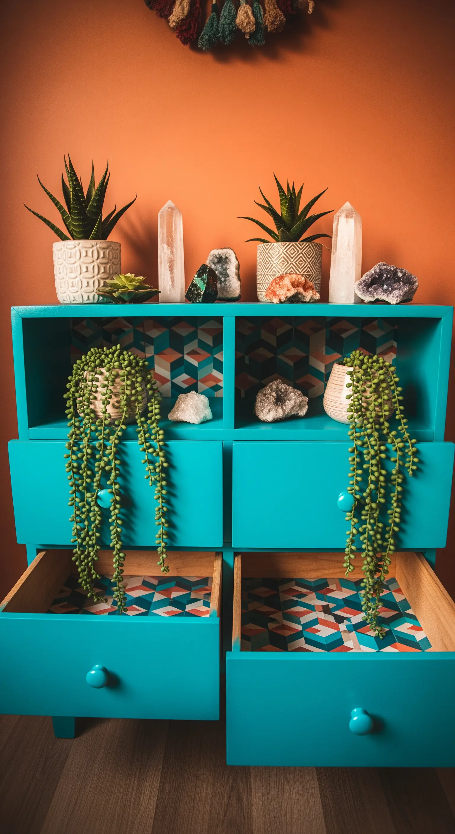 Mobiletto turchese con cassetti aperti, rivestiti internamente con carta a motivi geometrici.