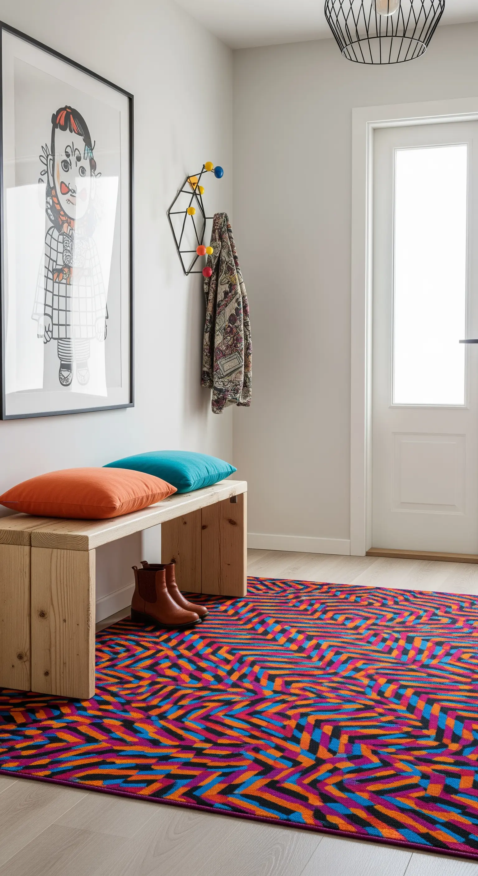 Ingresso con panca in legno, appendiabiti colorato e tappeto geometrico vivace.