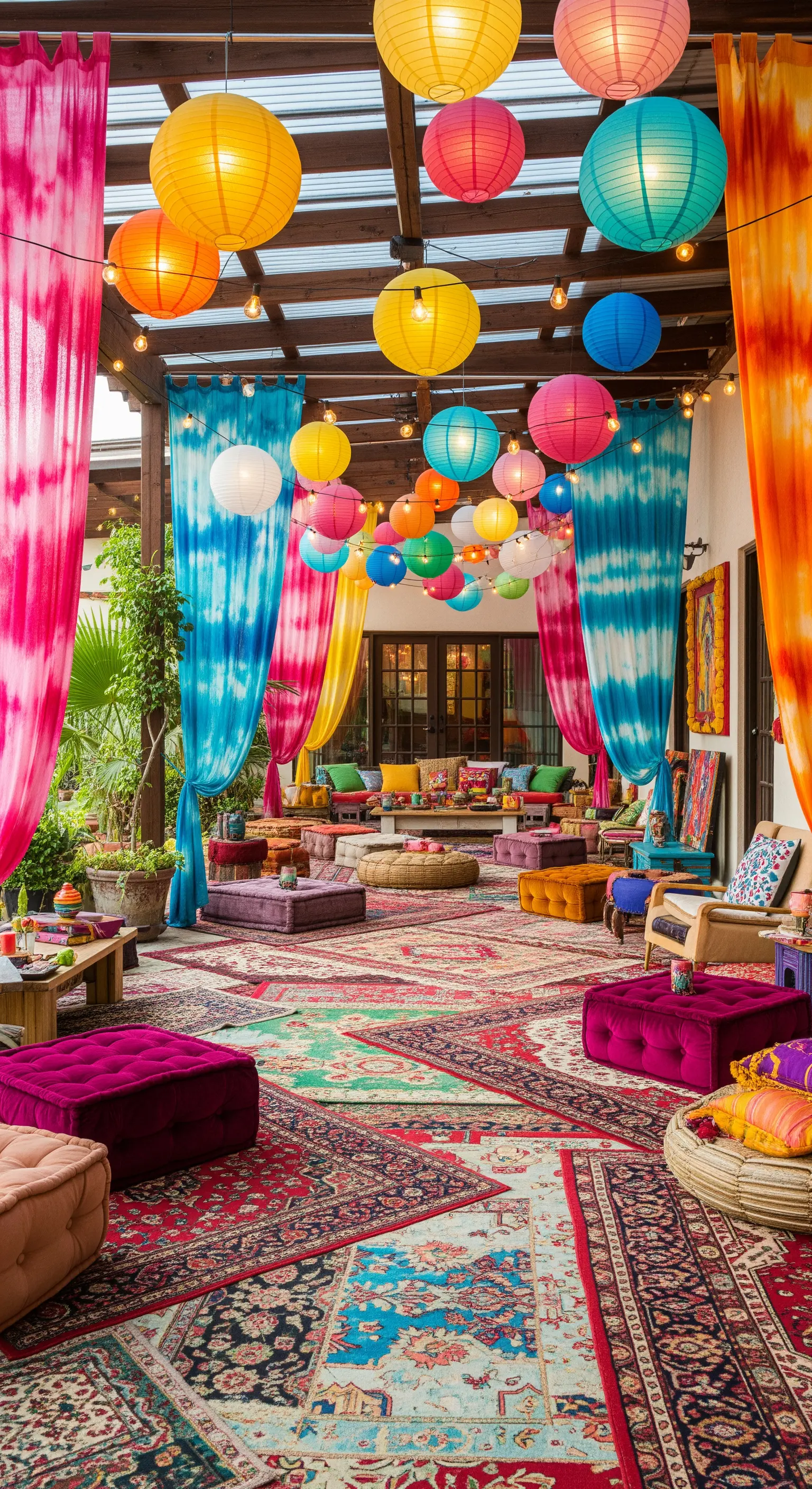 Patio bohémien super colorato con lanterne di carta, tende tie-dye e tappeti sovrapposti.