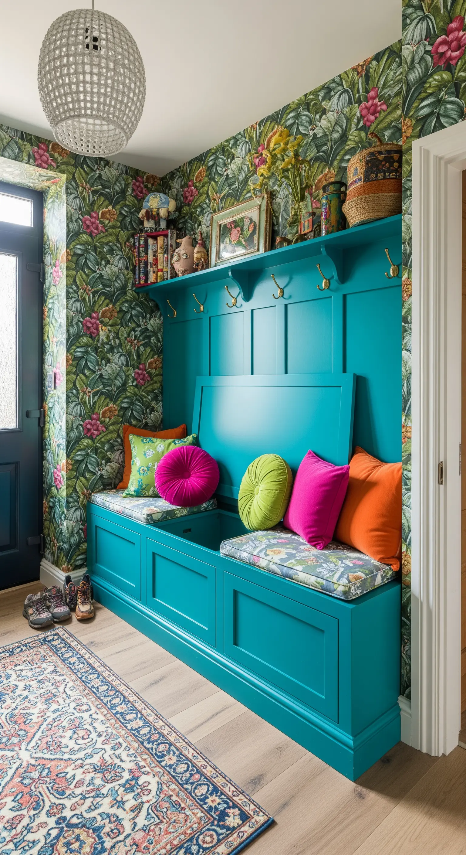 Panca contenitore turchese su sfondo di carta da parati tropicale, con cuscini fucsia e lime.