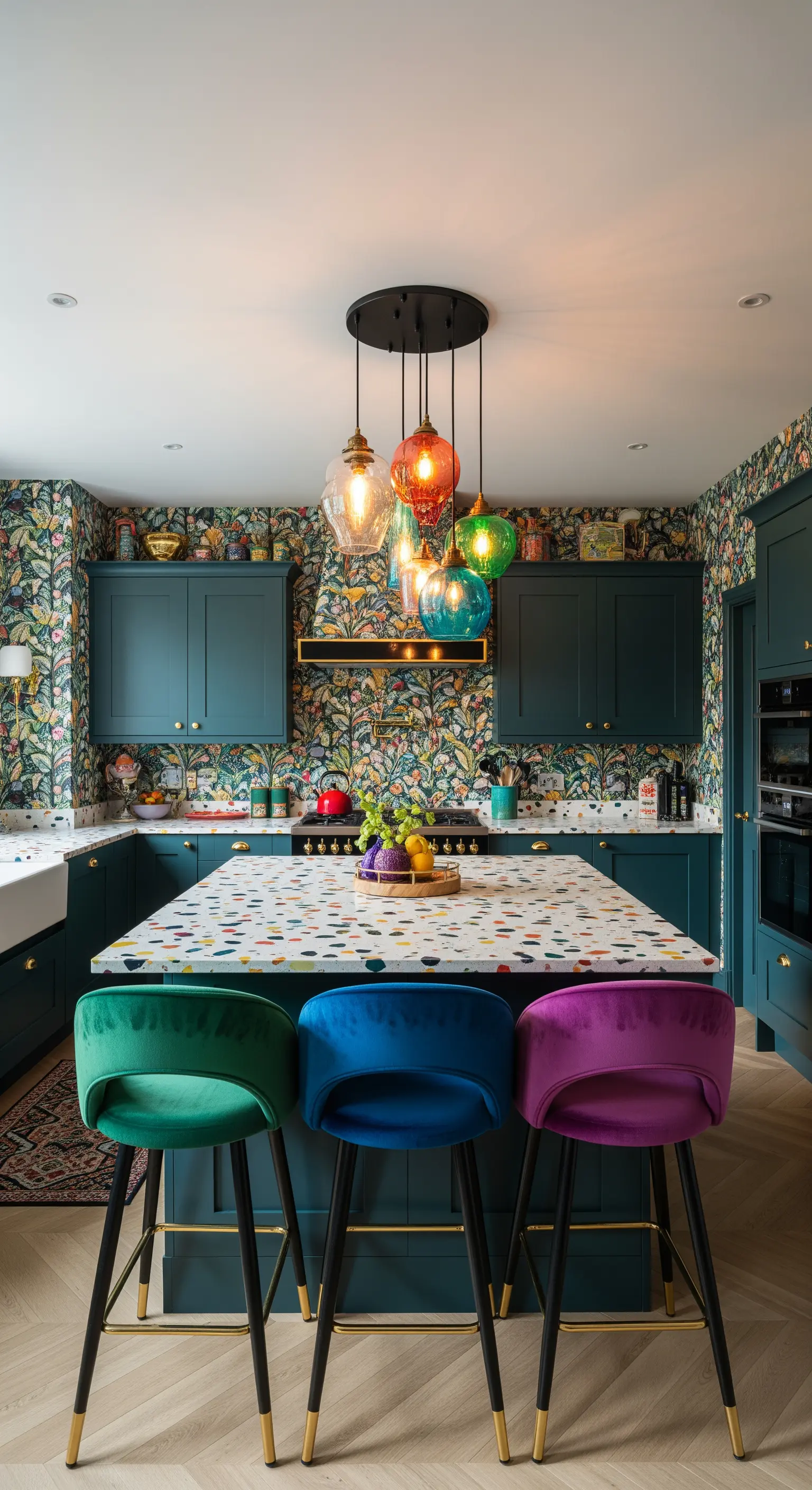 Cucina eclettica con carta da parati floreale, mobili color petrolio e sgabelli di velluto multicolore