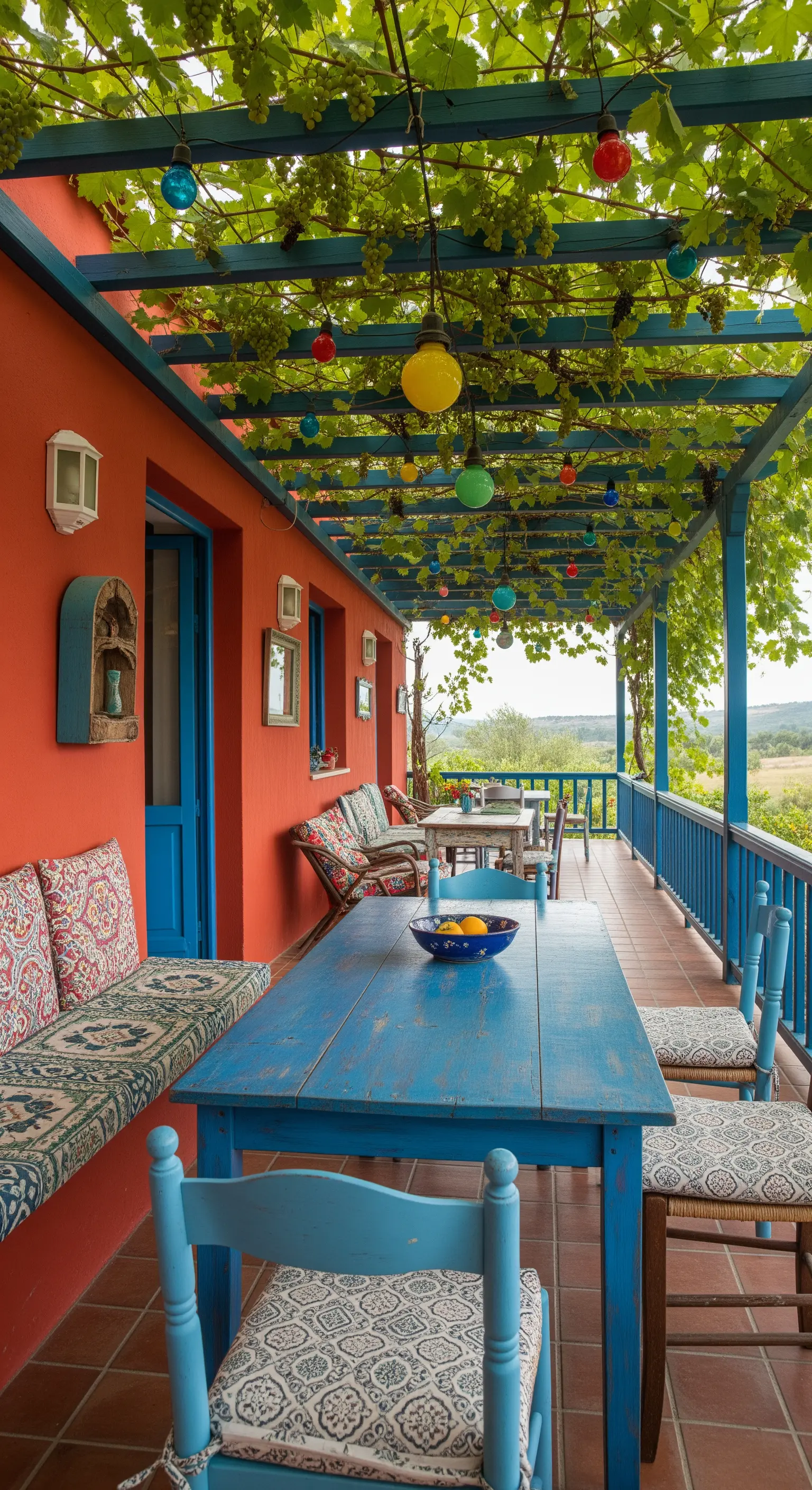 Veranda colorata con parete rossa, arredi blu e cuscini a motivi etnici