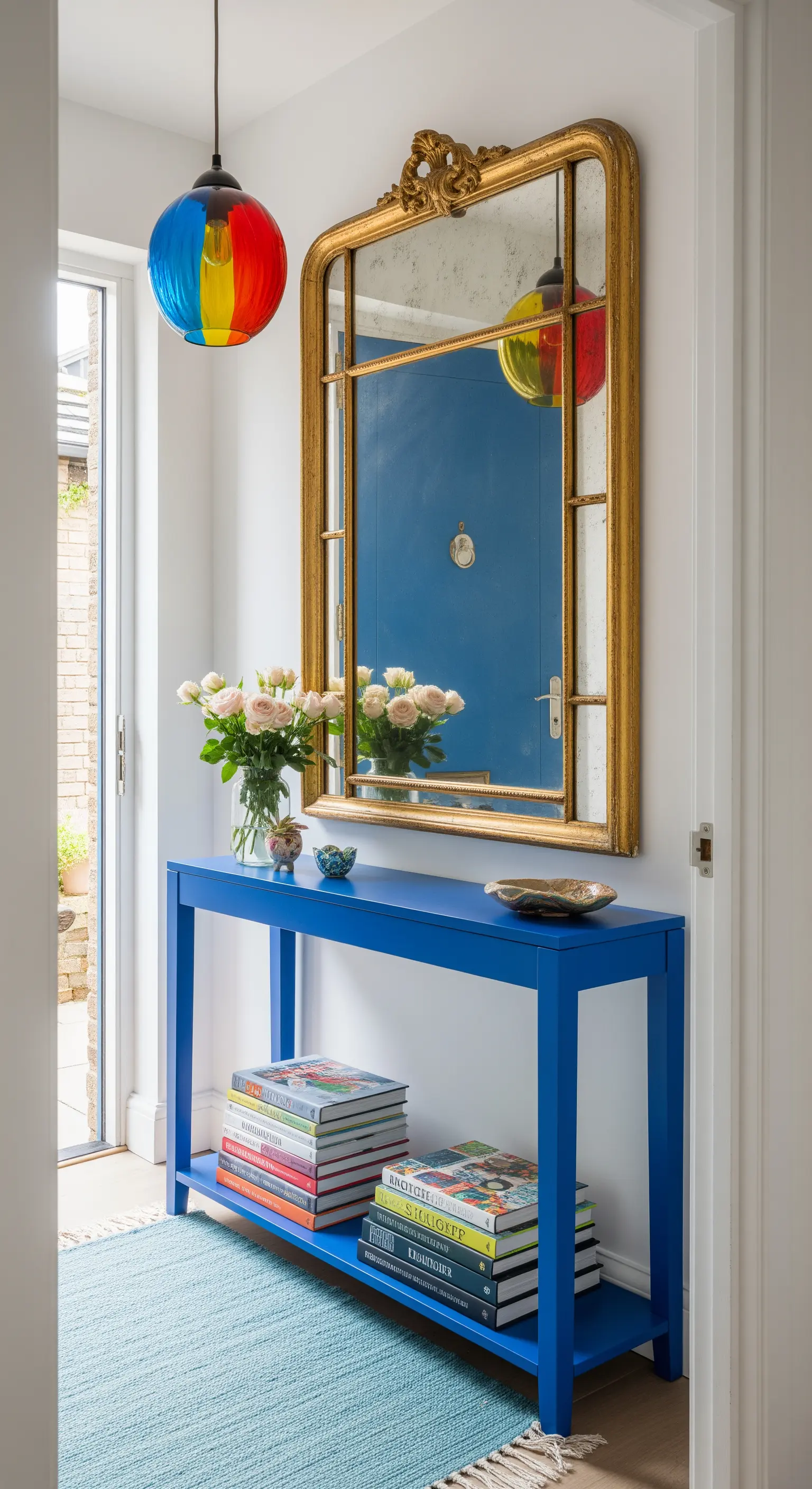 Consolle blu elettrico sotto uno specchio dorato antico, con lampada colorata e libri.