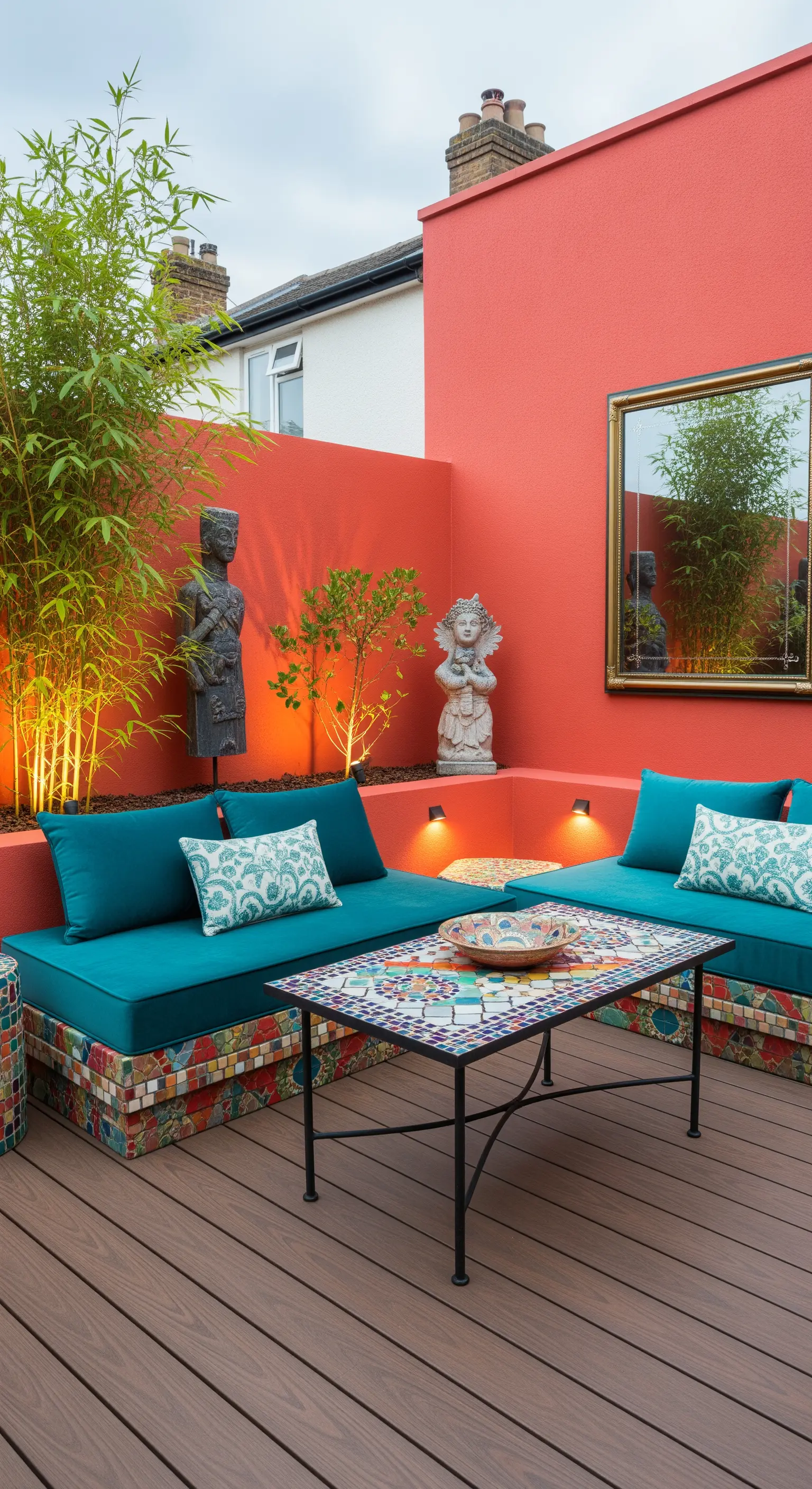 Patio colorato con parete corallo, sedute in mosaico e cuscini turchesi.
