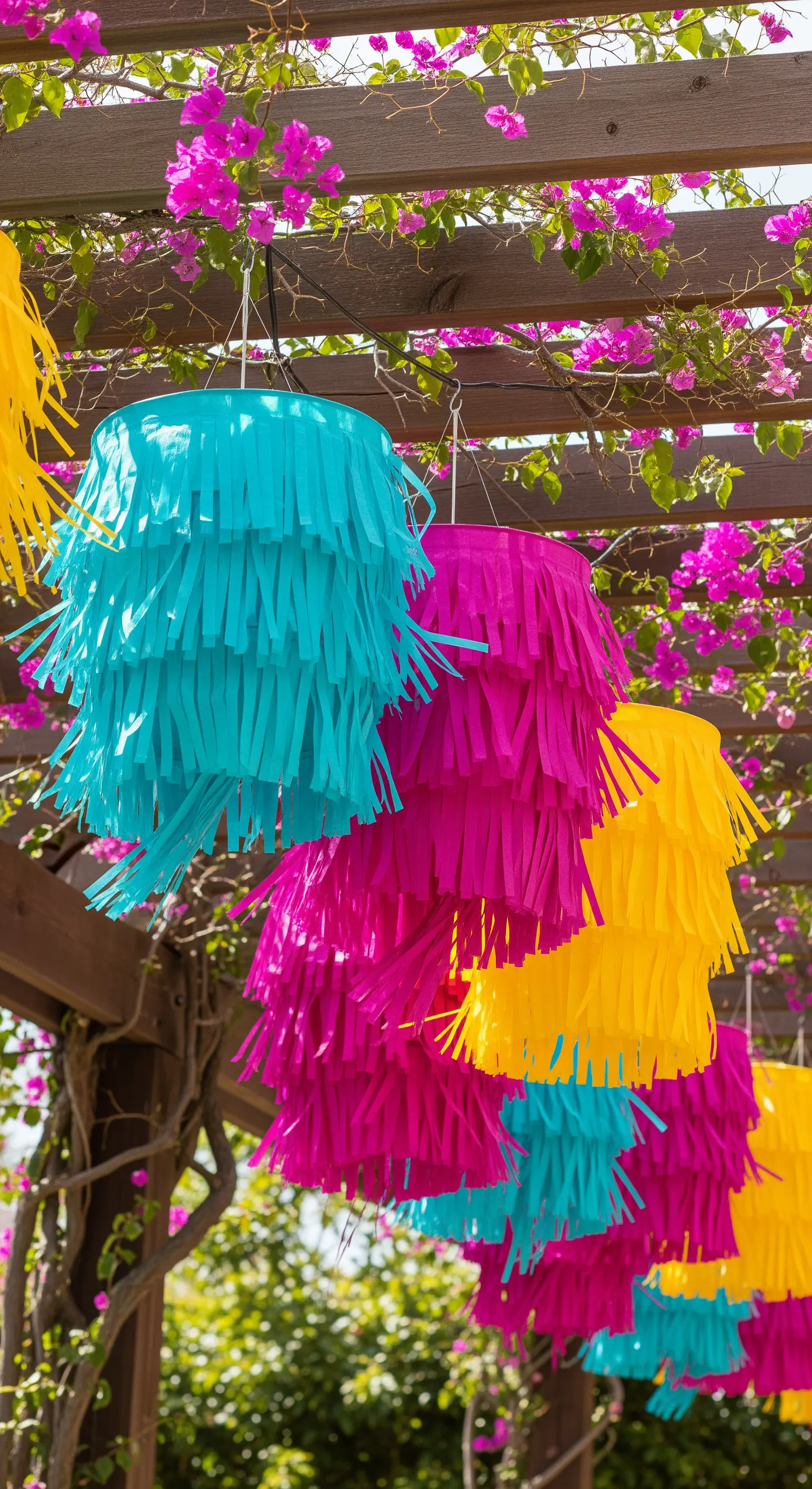 Lanterne cilindriche con frange di carta colorate (ciano, magenta, giallo) appese a un pergolato.