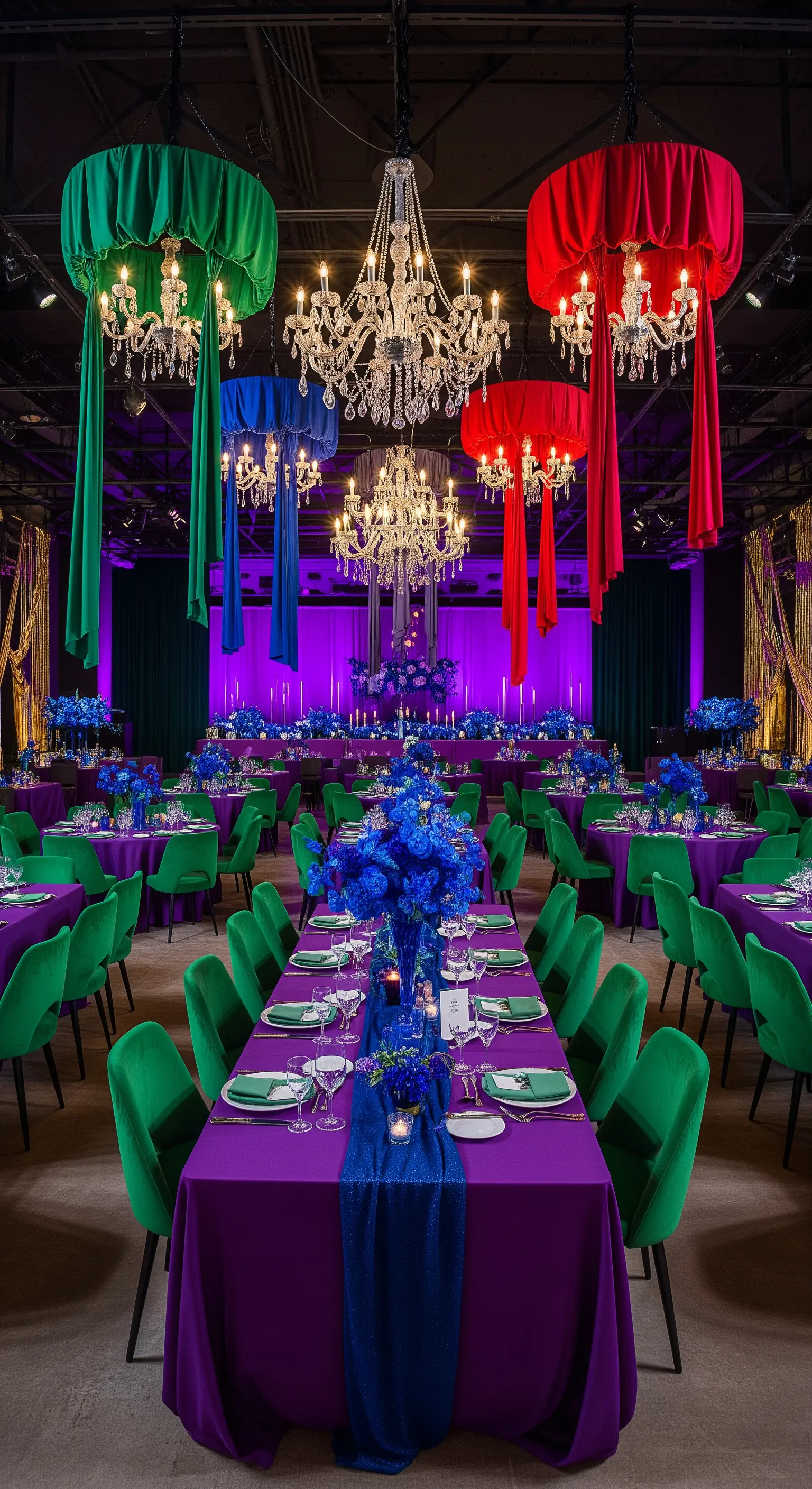 Ricevimento con chandelier decorati da drappi colorati (rosso, verde, blu) e tavoli in viola e verde.