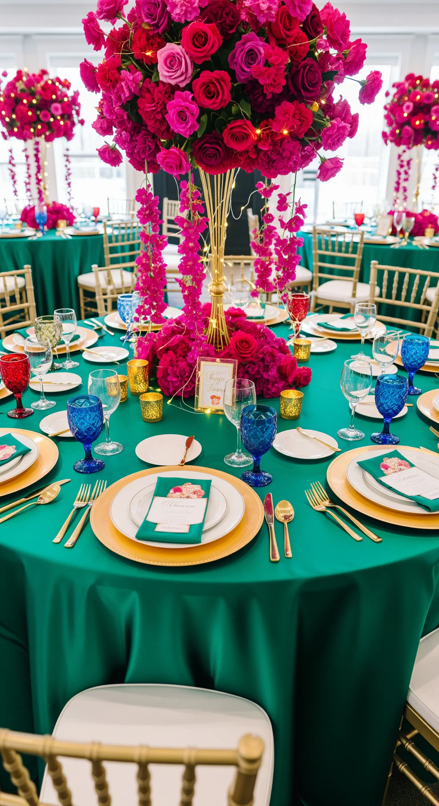 Tavola per festa di compleanno con tovaglia verde smeraldo e centrotavola di fiori fucsia.