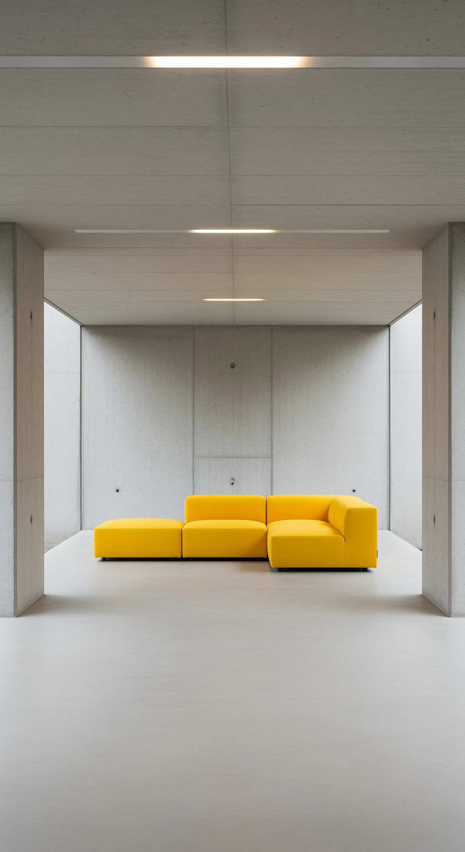 Spazio brutalista in cemento con un divano modulare di un giallo brillante come unico arredo