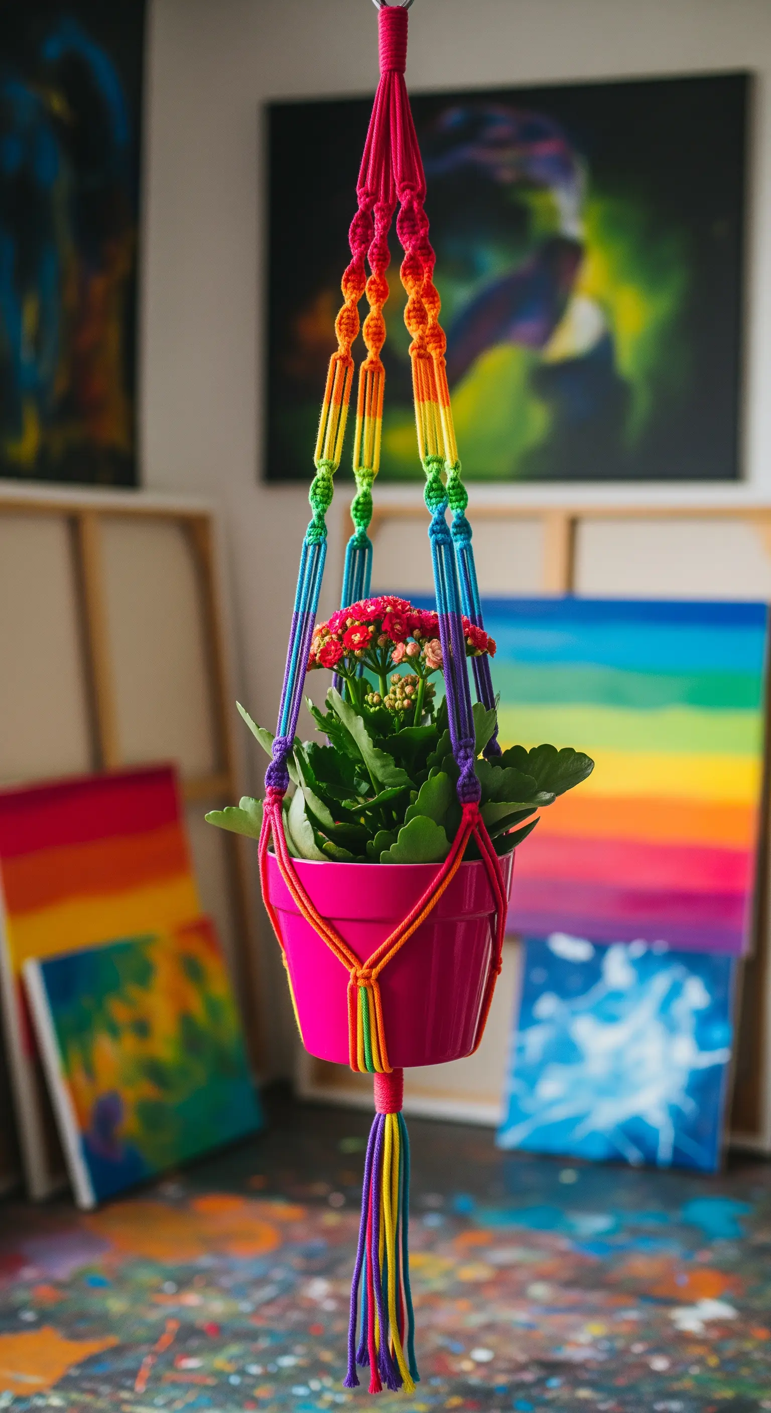 Portavasi in macramè con i colori dell'arcobaleno che sostiene un vaso fucsia in uno studio artistico.
