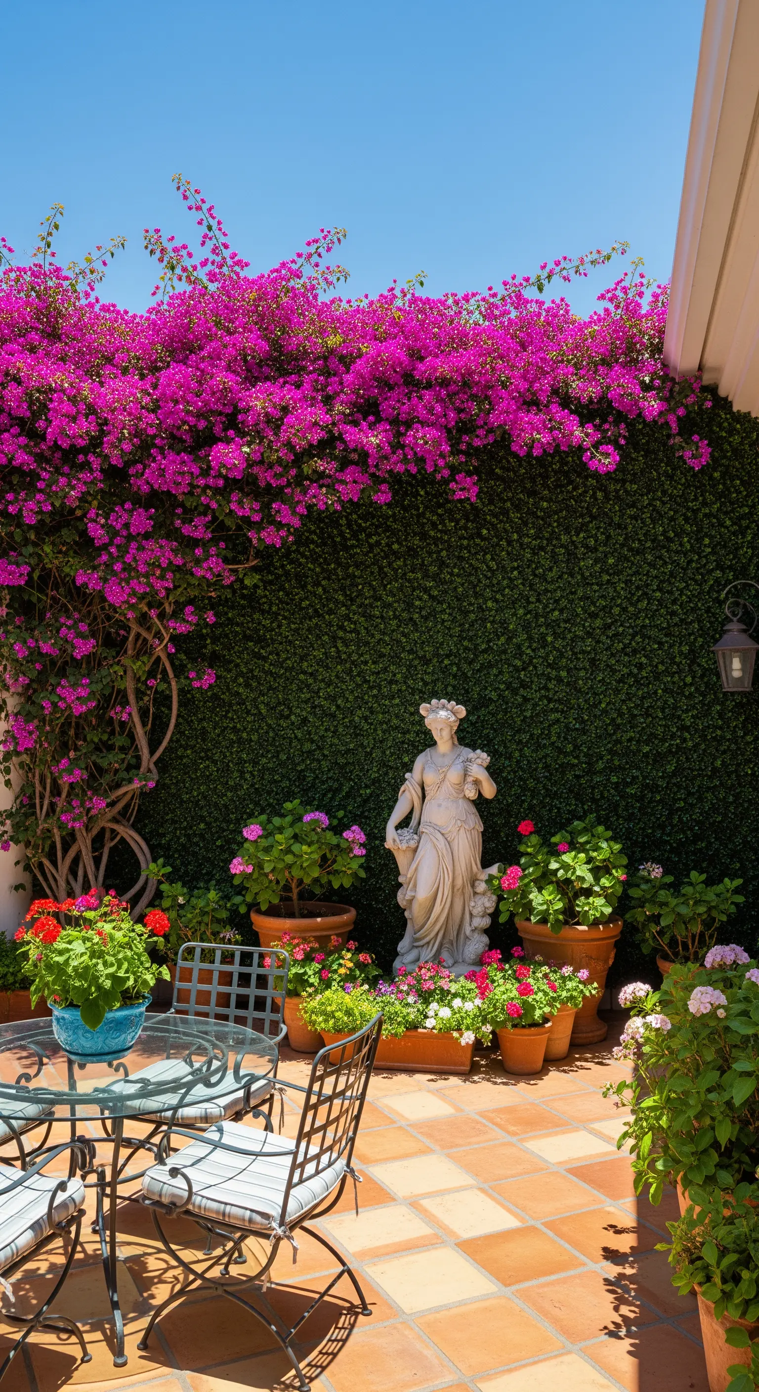Patio con bouganville fucsia rampicante su una parete verde, con statua e vasi fioriti.