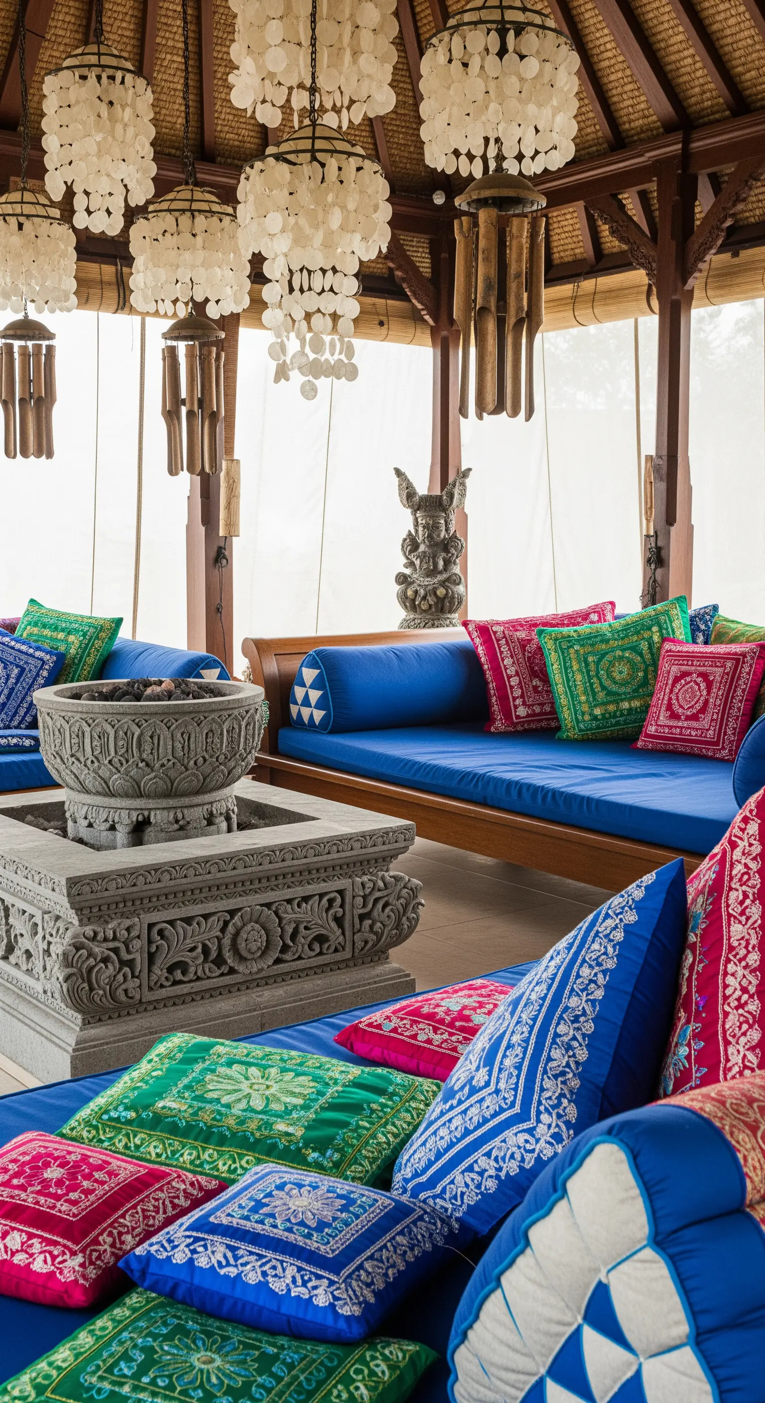 Salotto esterno coperto con divani blu, cuscini colorati e lampadari di conchiglie.