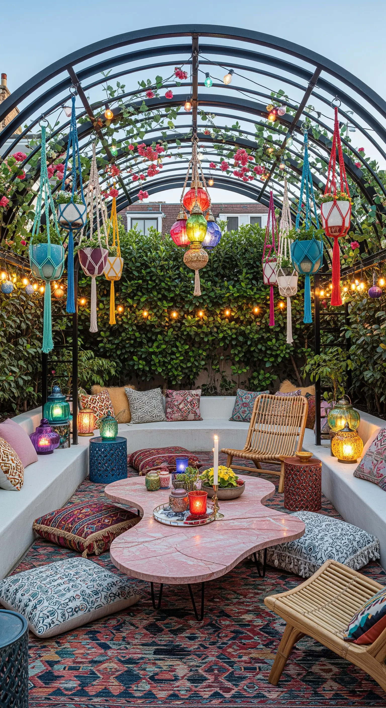 Patio bohémien con pergola curva, cuscini colorati, lanterne e vasi sospesi.