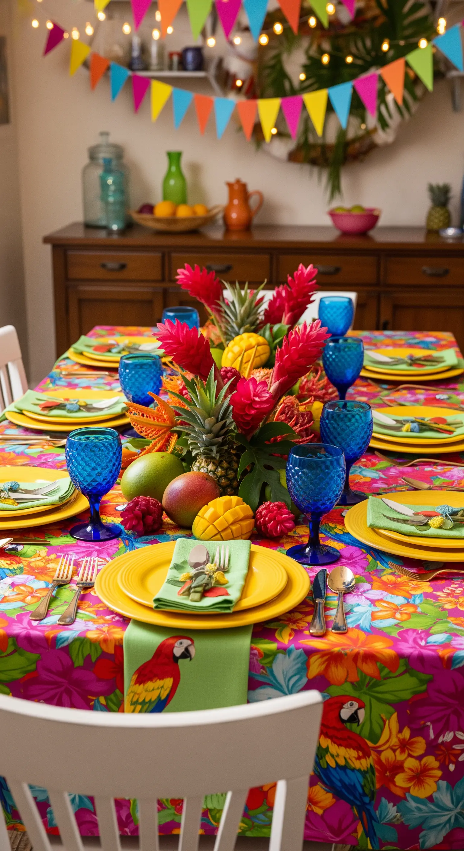 Tavola imbandita con tovaglia coloratissima, piatti gialli e calici blu cobalto.