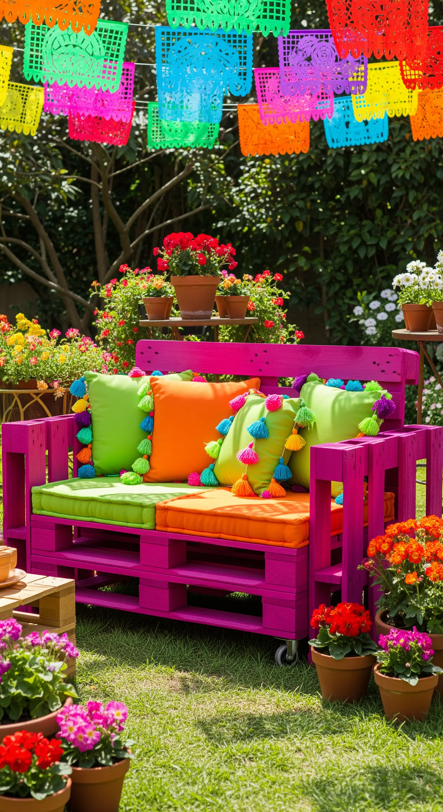 Panca in pallet verniciata di fucsia con cuscini arancioni e verdi con nappine colorate