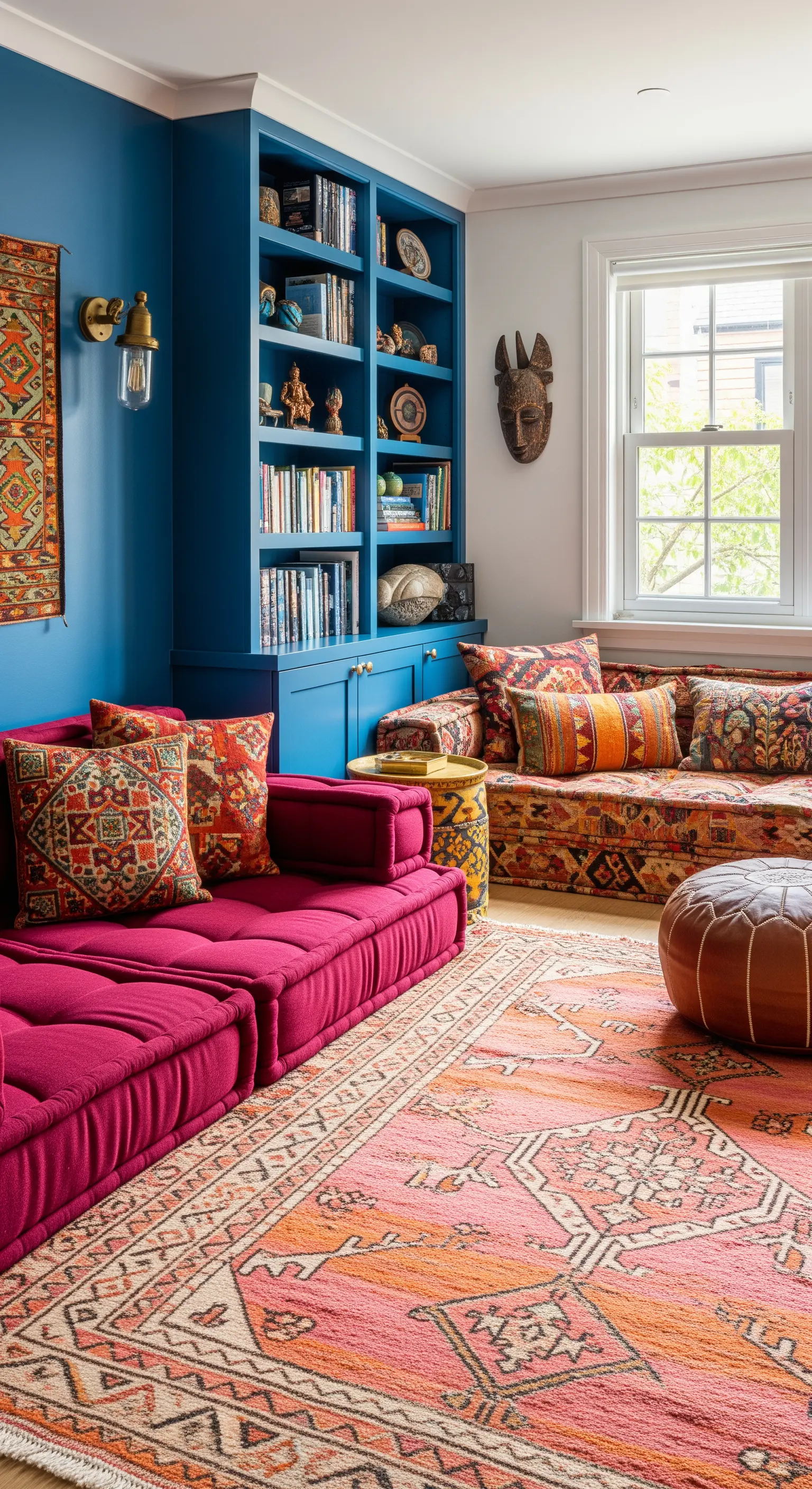 Salotto bohémien con divani da terra fucsia, parete blu e tappeti etnici sovrapposti.