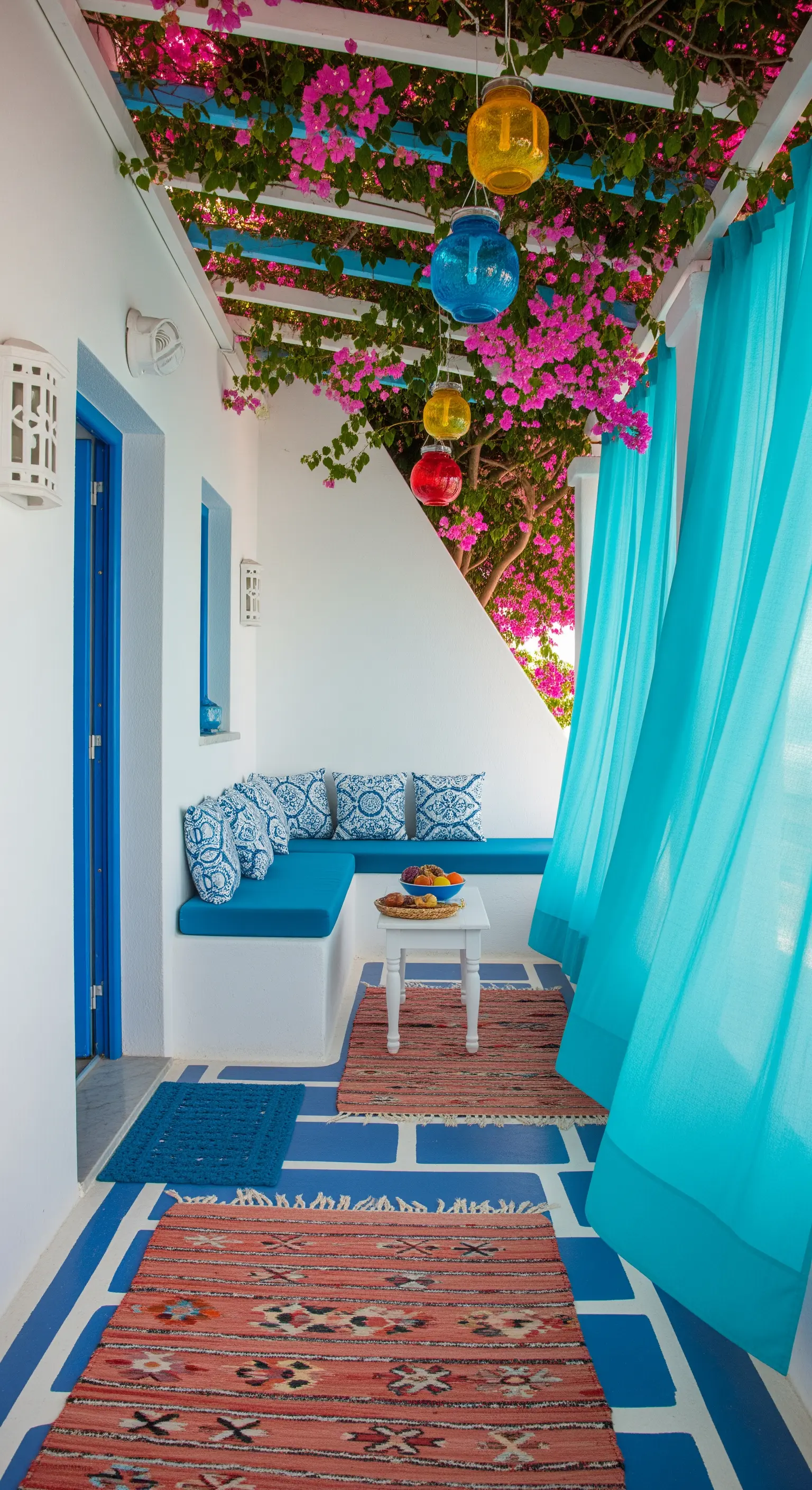 Patio in stile greco con pareti bianche, dettagli blu, tende turchesi e bouganville fucsia